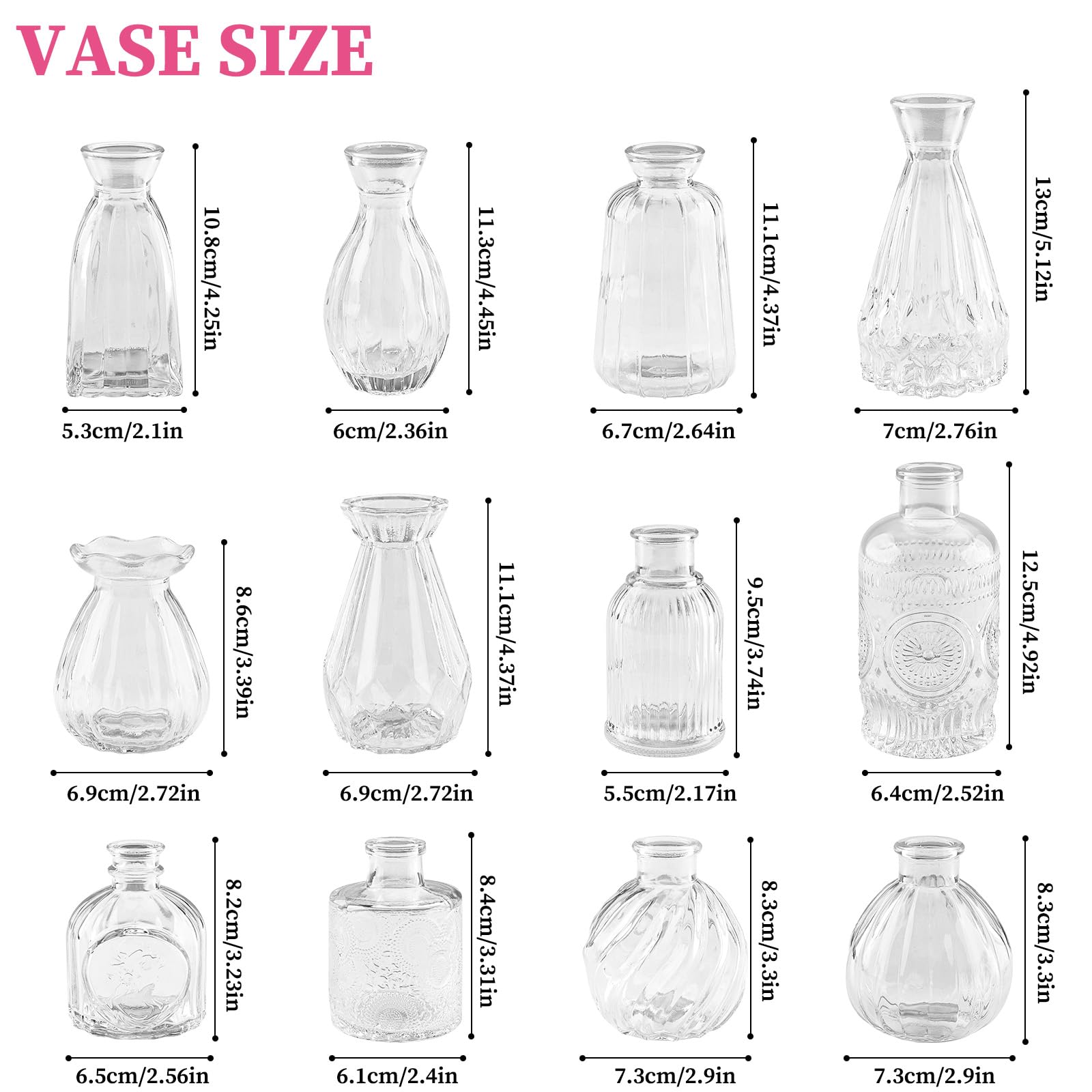 12 Vasi in Vetro Trasparente, Set di Vasetti Piccoli con Stili Diversi, Mini Bottiglie per Terrario Piante e Fiori, Decorazione Casa, Matrimonio, Centro Tavola Moderno
