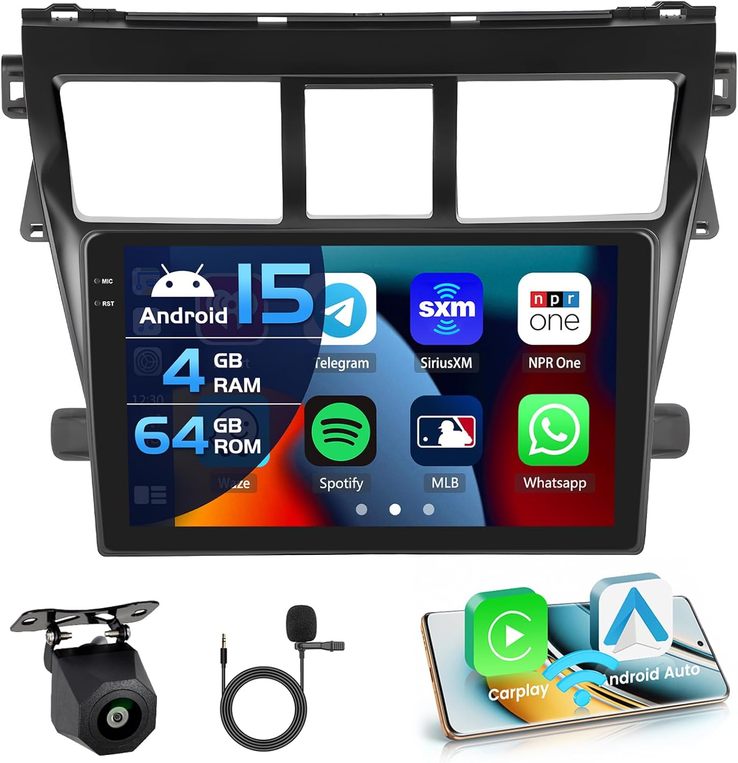 4G 64G for Toyota Yaris Vios 2007-2012 Radio CarPlay 9" in-Cell Touchscreen Car Stereo Android 15 Android Auto Bluetooth 5.0 GPS WiFi 15UI Backup Camera
