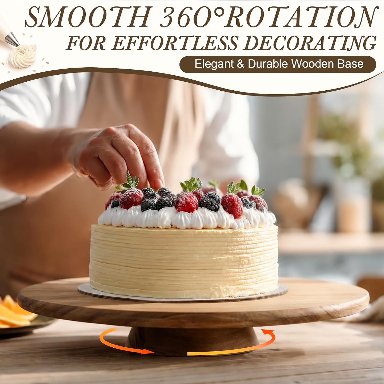 Gisafai 16 Inch Acacia Rotating Cake Stand Rustic Wood Pedestal Stands Turntable with 2 Icing Spatulas 3 Smoothers Wooden Cupcake Dessert Display for Wedding Party Decoration