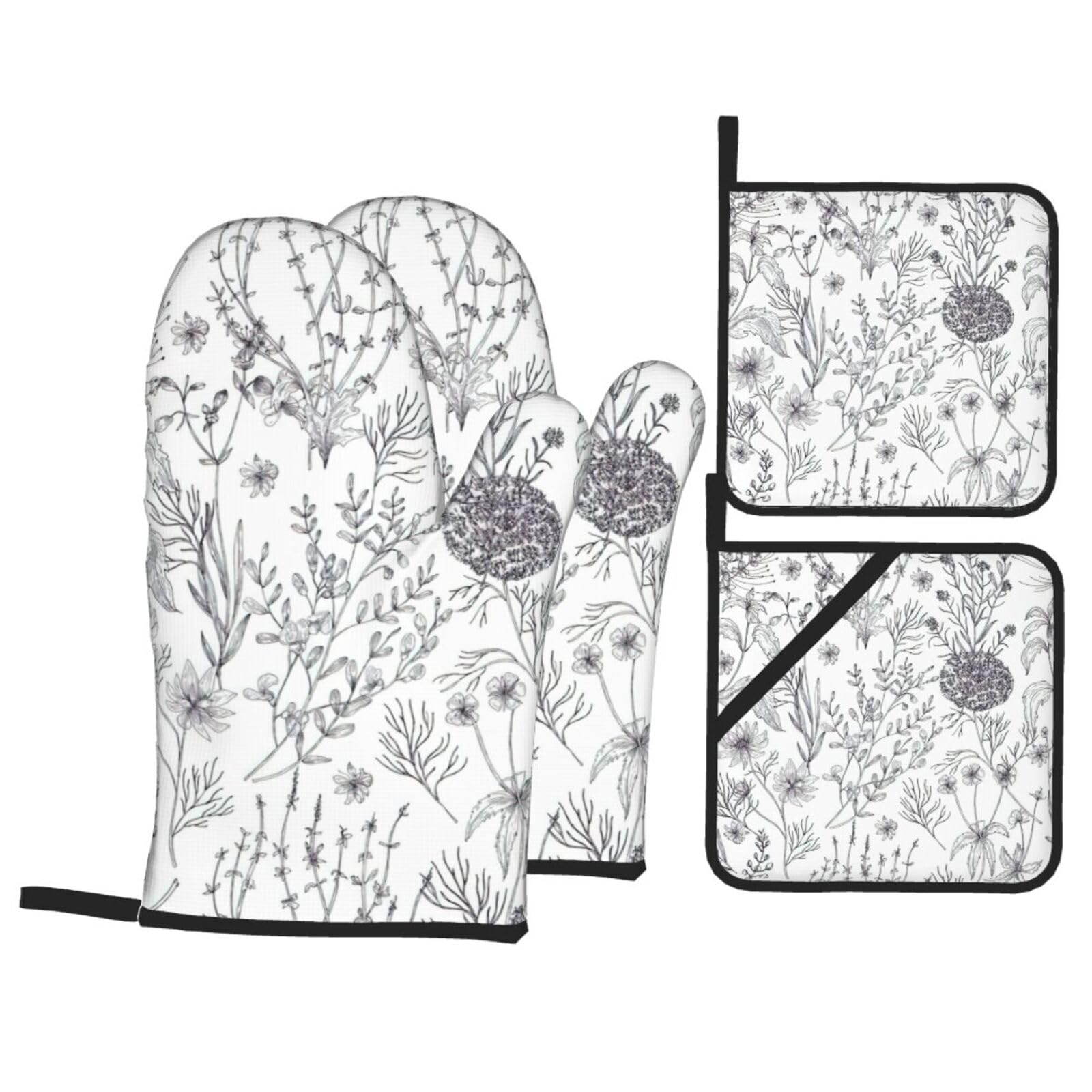Flowering Herbs And Herbaceous Plants Print Kitchen Oven Mitts And Pot Holders Set,Hanging Loop Design For Cooking Baking Bbq