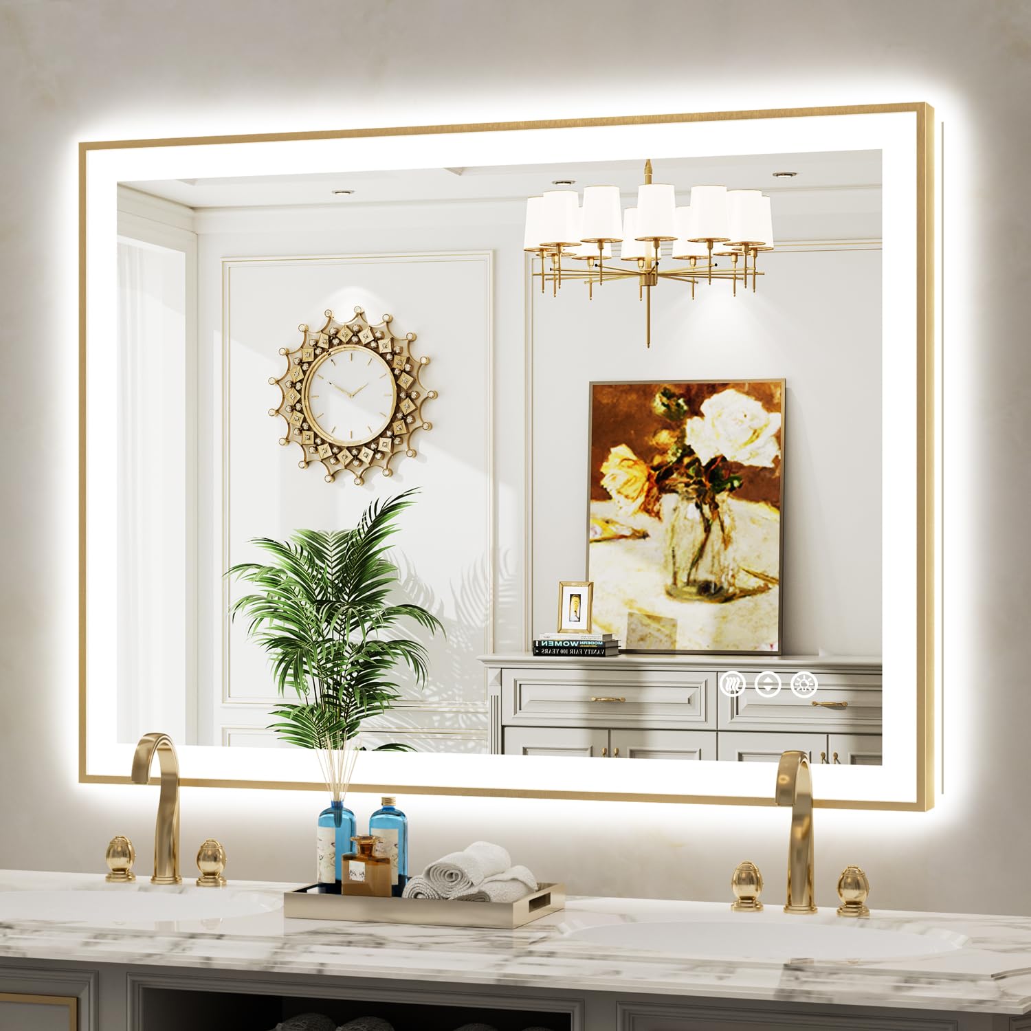 48x36 LED Bathroom Mirror with Lights, Gold Framed Lighted Mirror