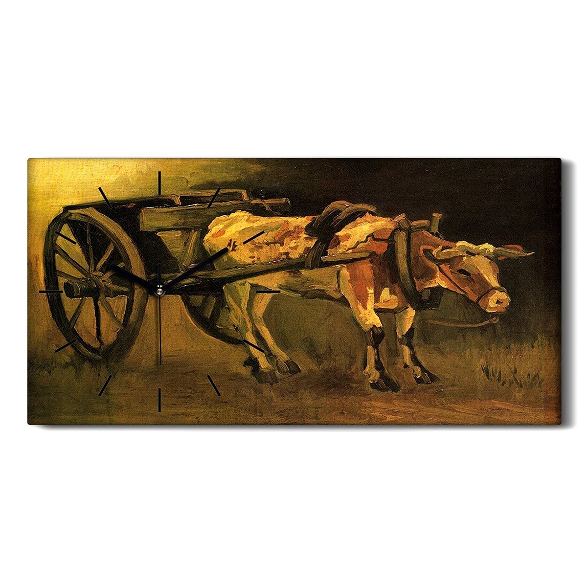 Horloge sur Toile 60x30cm Tableau Mural Salon Chariots avec bœuf Blanc Rouge