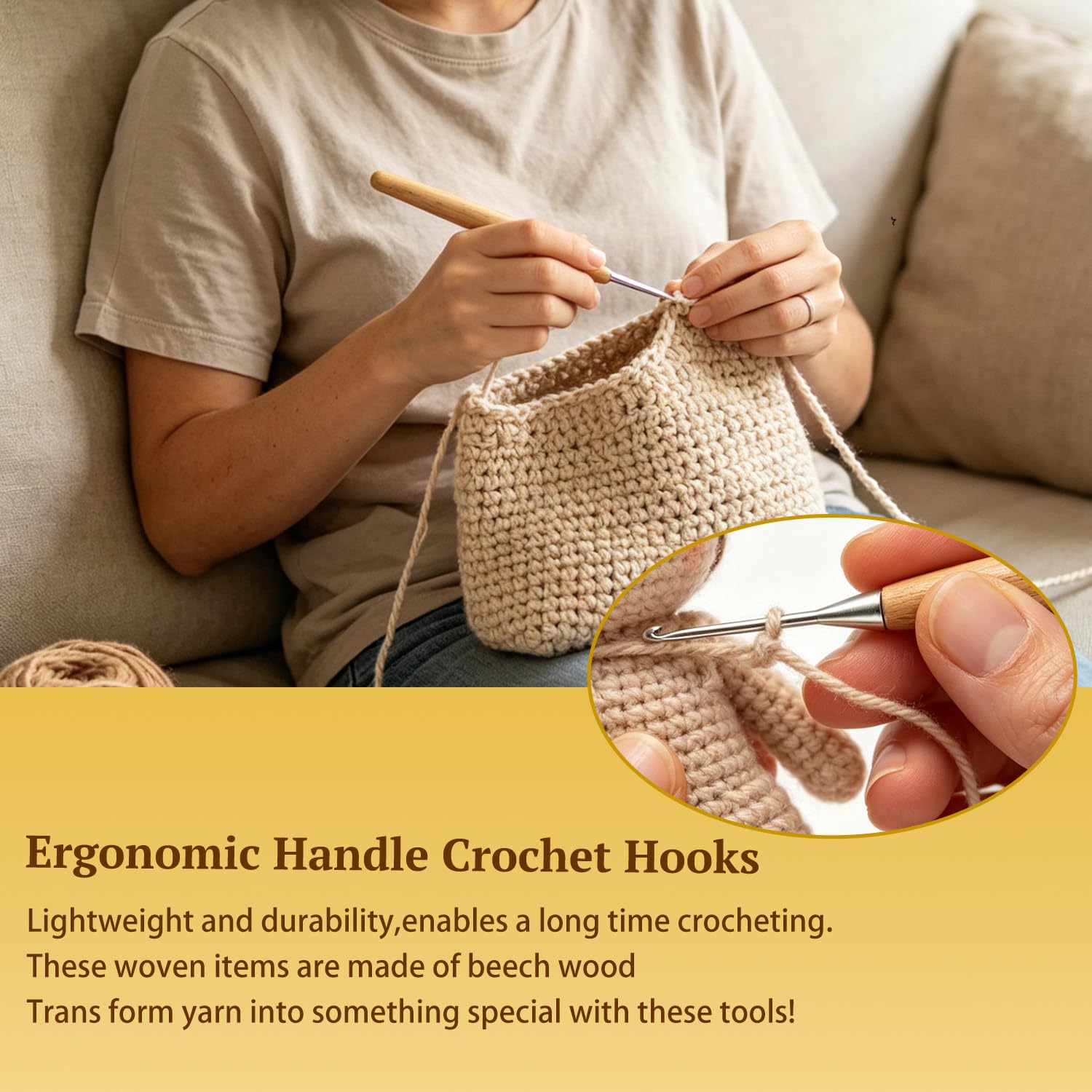 Zestaw haczyków do szydełkowania z drewna bukowego z etui, ergonomiczny uchwyt, zestaw haczyków szydełkowych z filcową torbą 3,0 mm ~ 6,0 mm