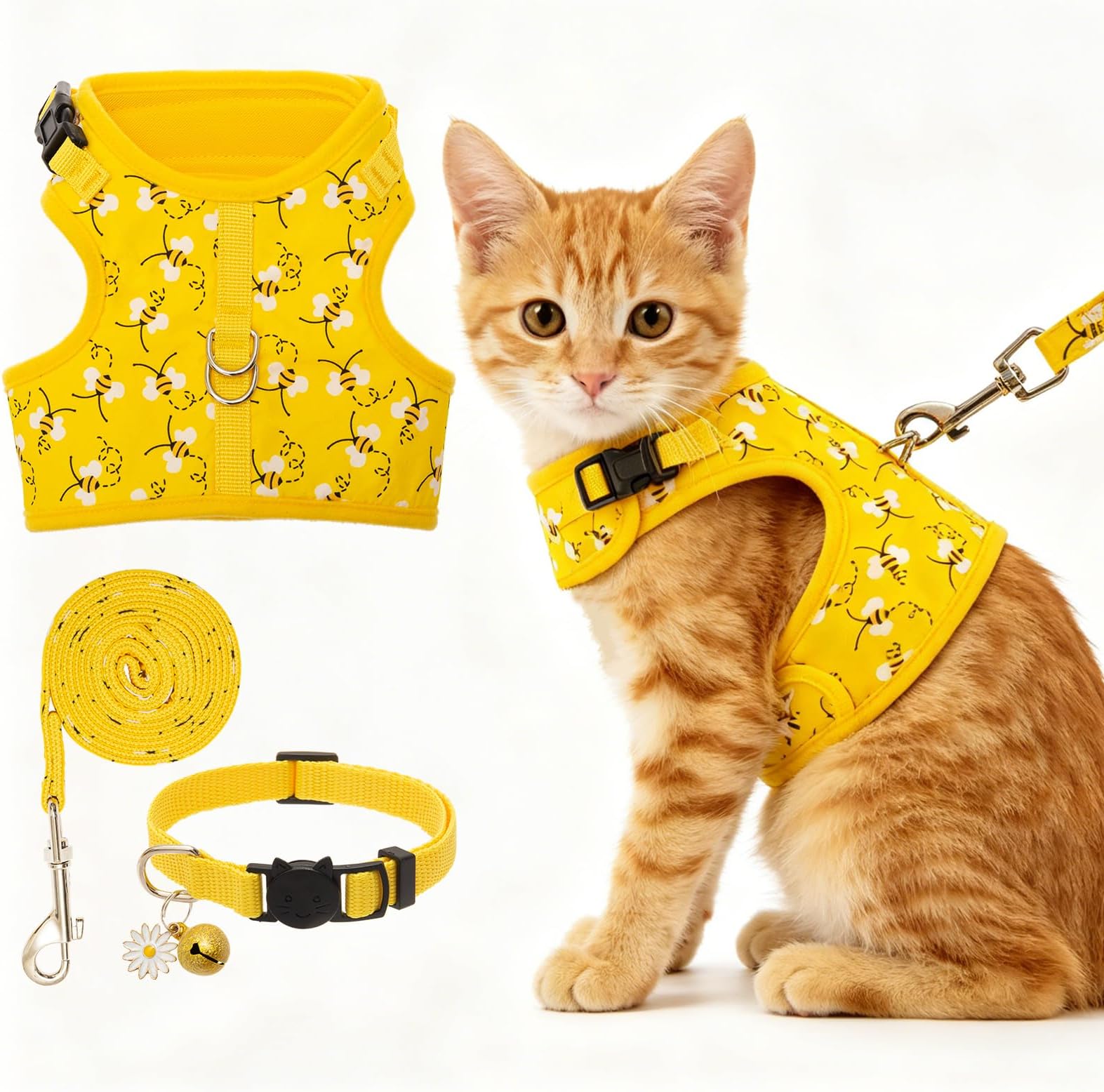 BINGPET Cat Harness with Leash and Collar for Walking - Escape Proof with 59 Inches Leash - Adjustable Soft Vest Harnesses for Medium Large Cats Bee