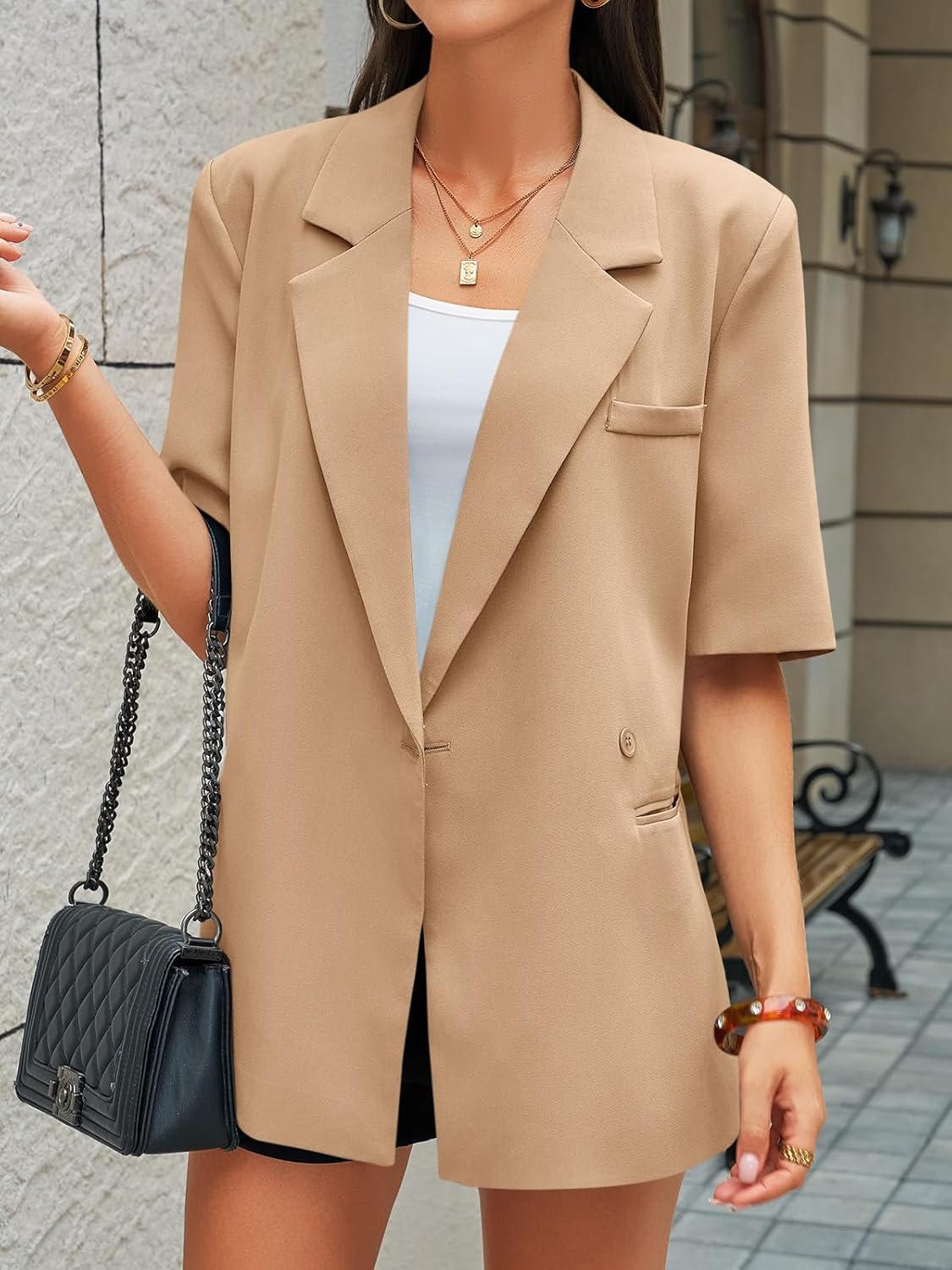 Cicy Bell Womens Summer Oversized Blazer Short Sleeve Lapel Button Down Business Casual Suit Jackets with Pockets - Image 2