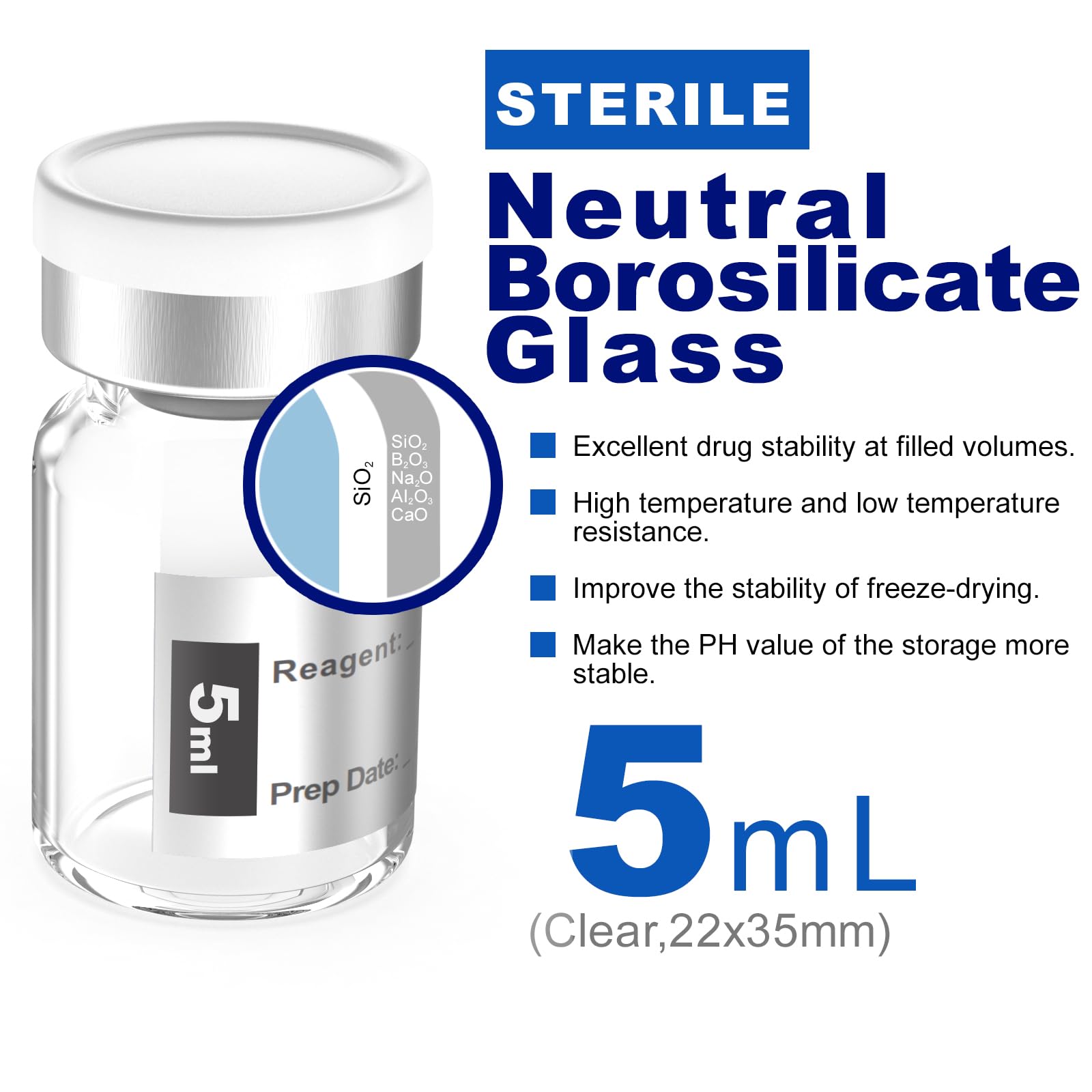 Biomed Solutions Flaconcino sterile vuoto sigillato con tappo in gomma butilica e chiusura a scatto, tubo di vetro borosilicato di tipo 1, confezionato singolarmente (10 ml, 8 pezzi (ambra))