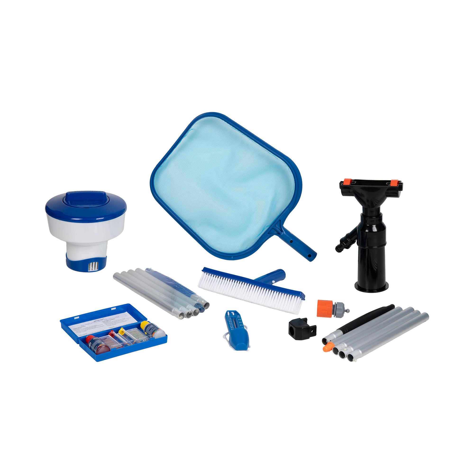 Cofan Kit de Mantenimiento y Limpieza de Piscinas con 6 Artículos: Kit de Pruebas de agua, Cepillo Limpiafondos, Termómetro, Dosificador de Cloro, Recoge Hojas y Aspirador con Pértiga | Todo en Uno pa