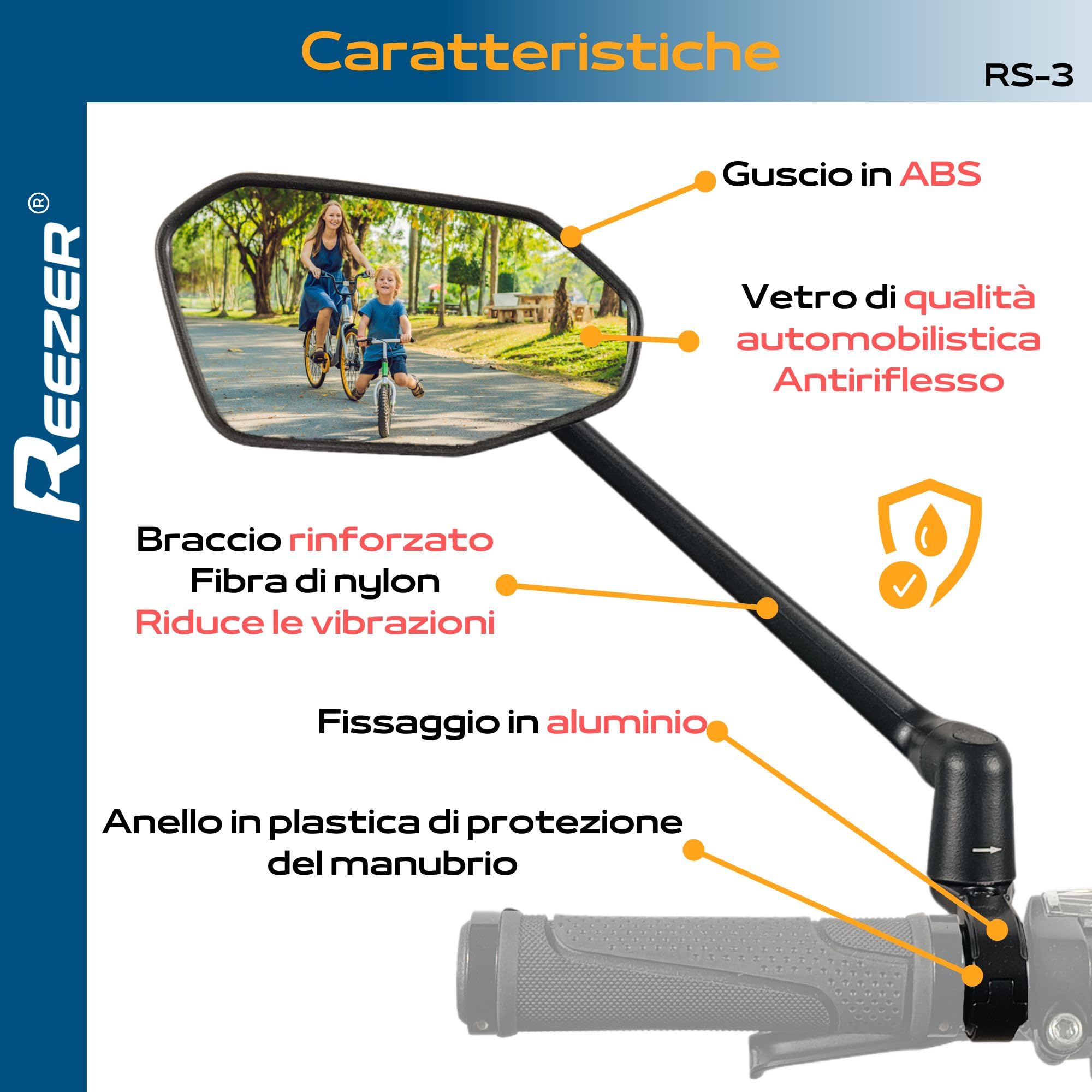 REEZER - Specchietto retrovisore per bicicletta RS03 - Specchietto per e-bike - Specchietto per monopattino elettrico - Per manubri da 22 a 25,4 mm - Regolabile a 360° SINISTRO