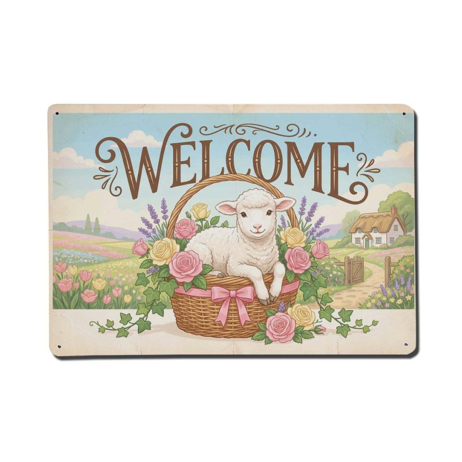 Vintage Welcome Lamb Cheerful Greetings Metal Tin Sign