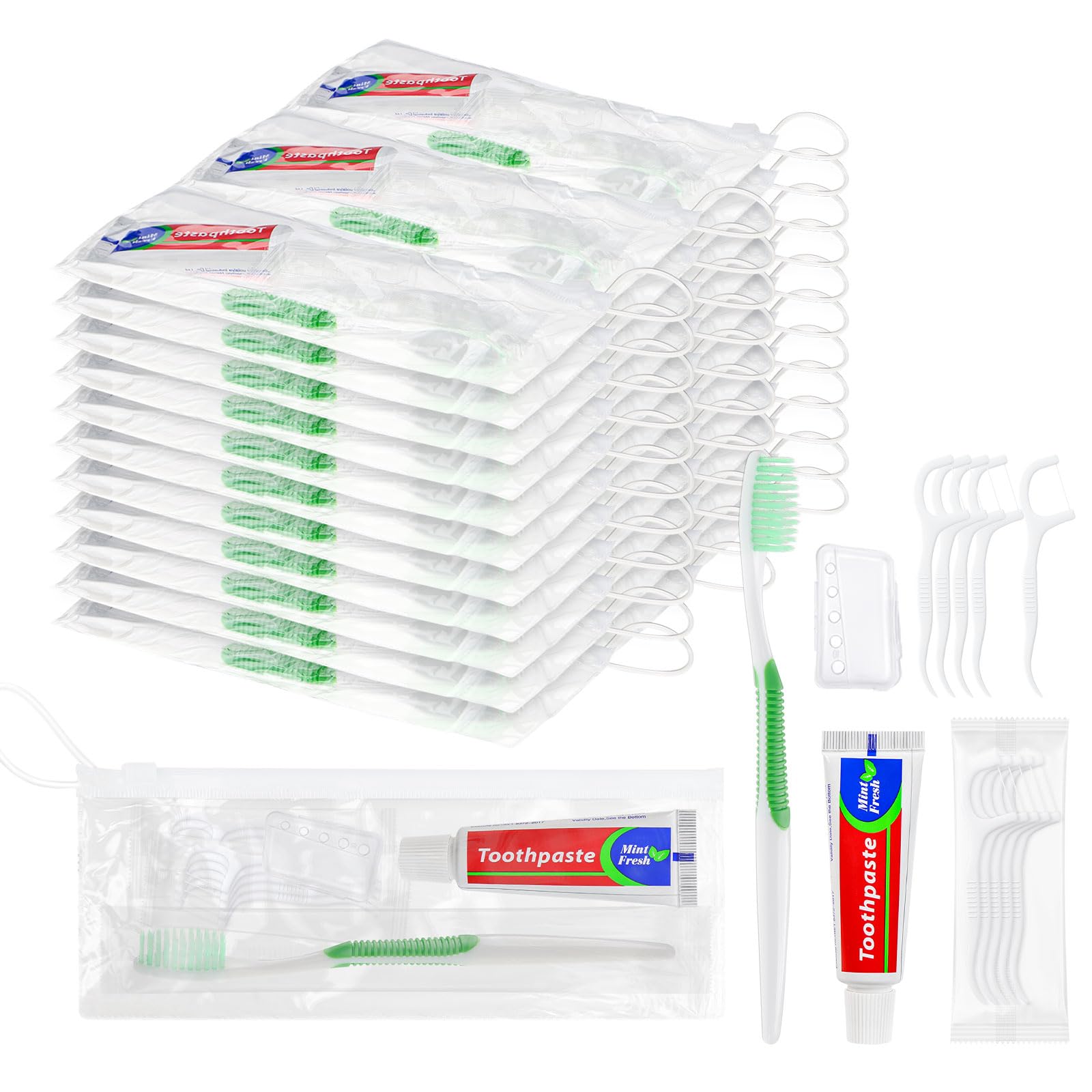 Set di 100 spazzolini da denti usa e getta con dentifricio, 5 in 1, per la cura della persona, set da toeletta da viaggio, con dentifricio e filo interdentale, pettine, copertura per