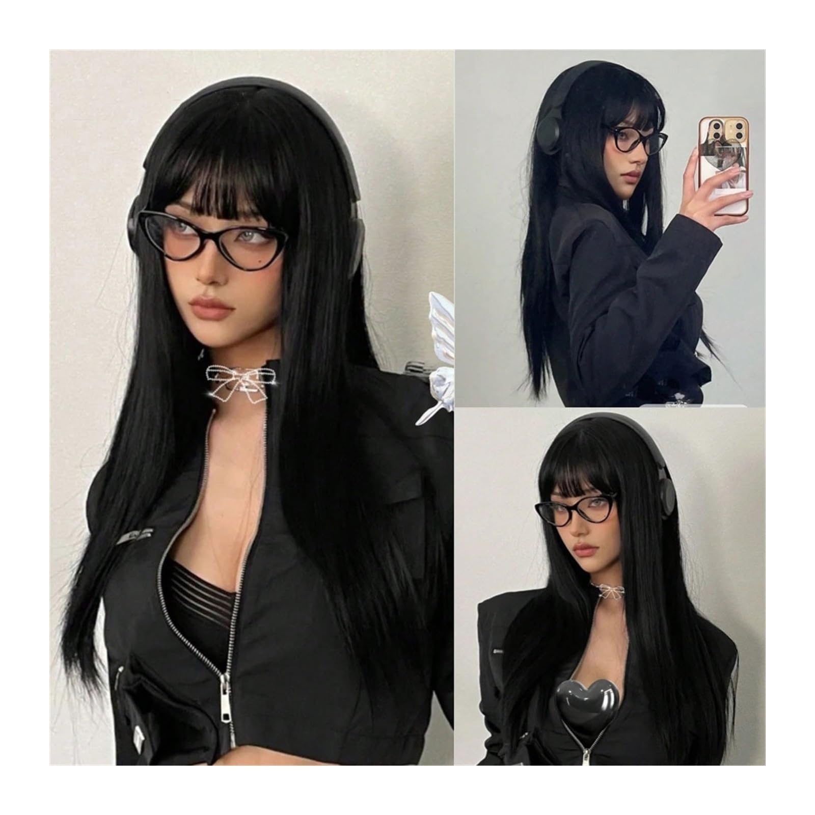 Peruki z koronką falową Naturalna peruka termoodporna długie jedwabiście proste peruki syntetyczne z grzywką czarne na imprezę Cosplay Lolita włosy peruki dla kobiet Peruki z naturalnych włosów syntet