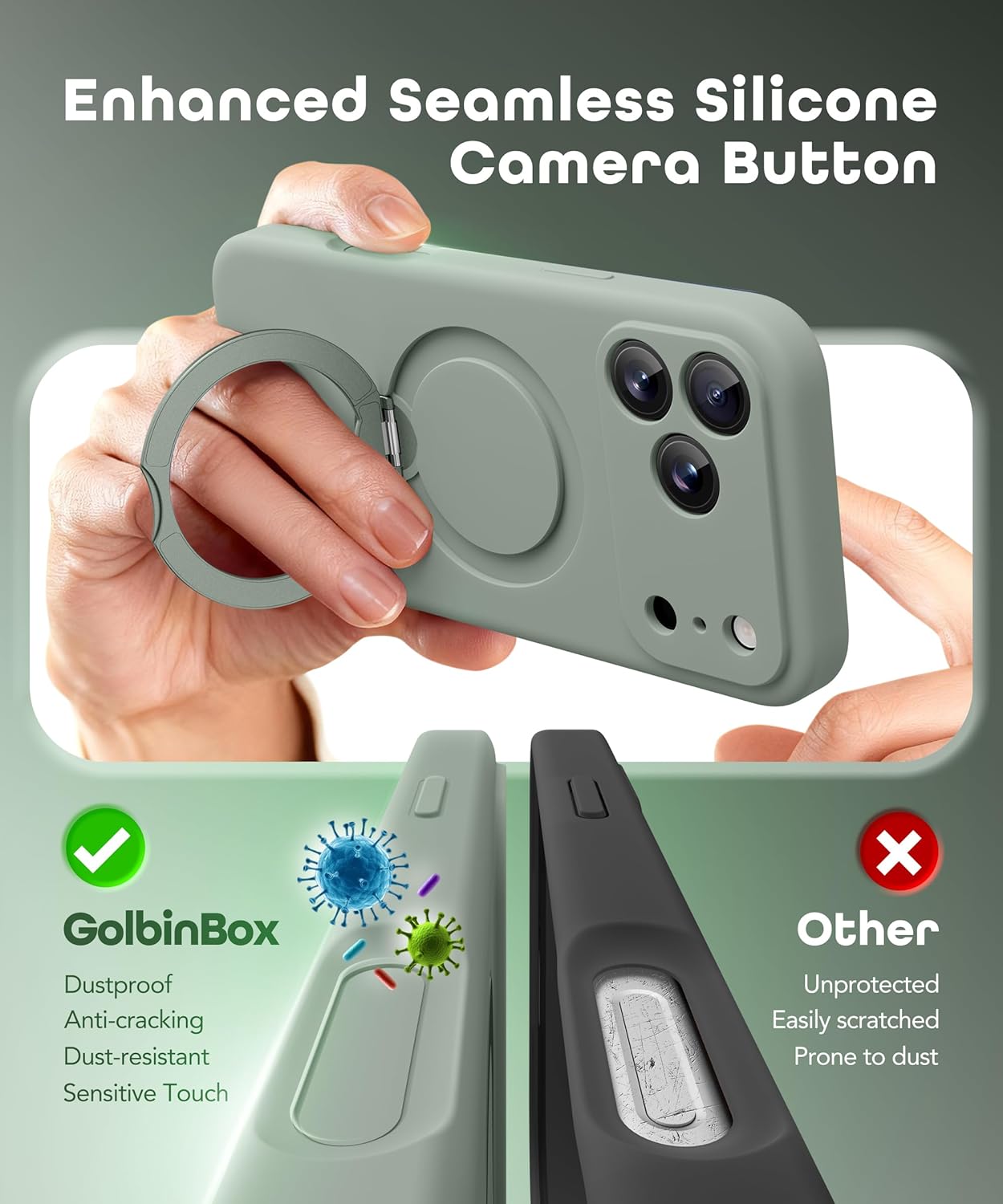 GolbinBox for iPhone 17 Pro Case with 360° Spin Magnetic Stand, [Compatible with MagSafe][Full Camera Protection],Full Body Shockproof Liquid Silicone Case with Ring Stand for 17 Pro 6.3'', Grey Green - Image 6