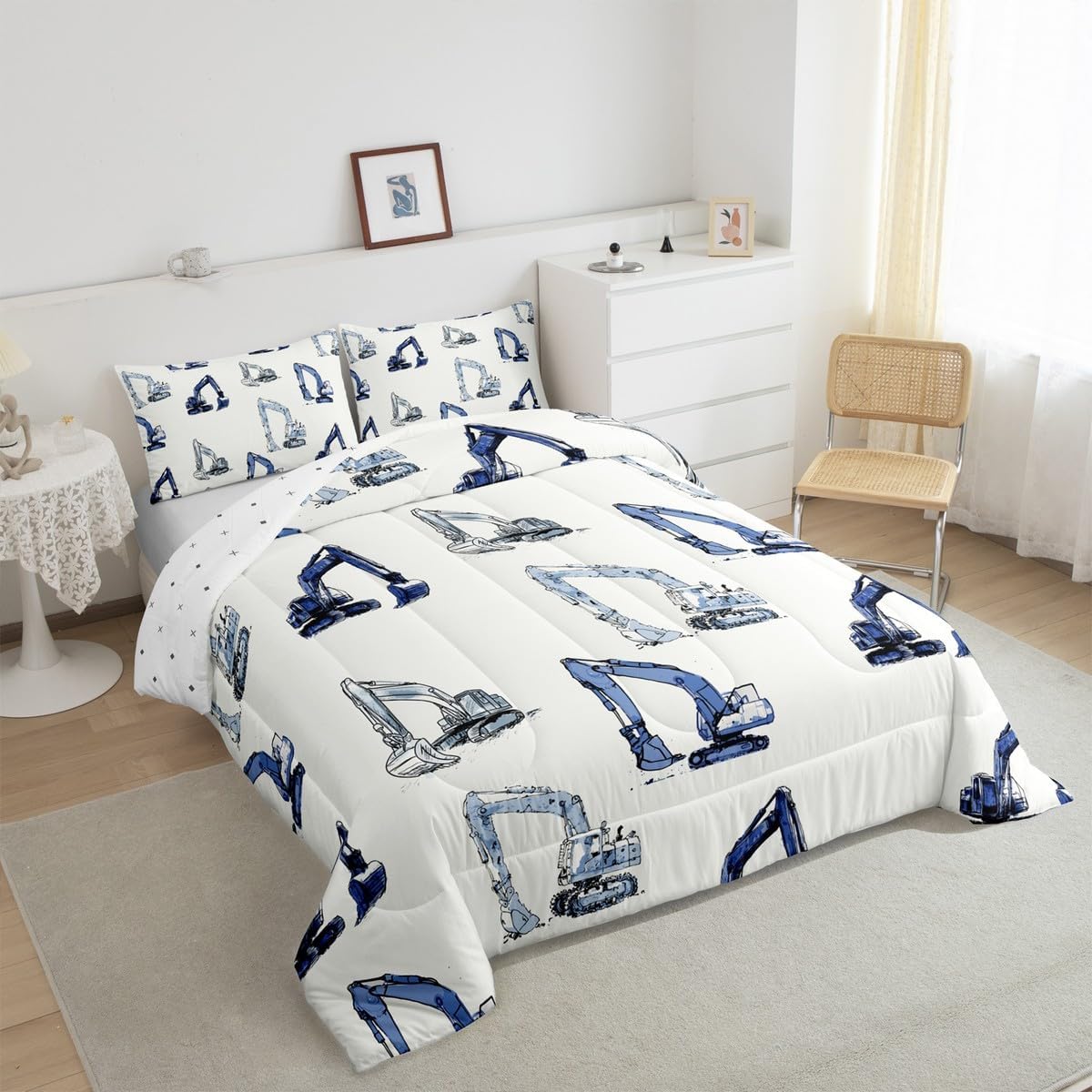 Feelyou Construction Bedding Set Kids Equipment Trucks Comforter Set Construction Vehicles Comforter for Room Decor White Blue Duvet Set with 2 Pillow Cases