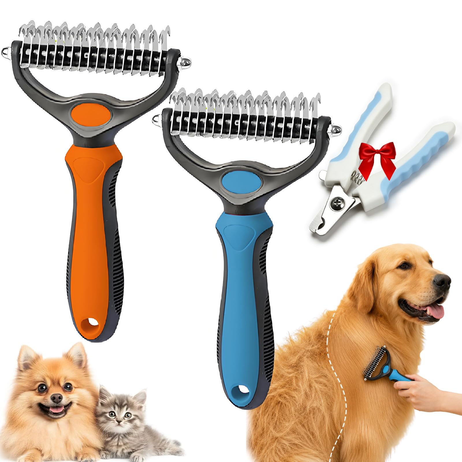 Pet Pro Tierhaarbürste, Pet Pro Grooming Tool, Double Sided Pets Supplies with 9/17 Teeth Undercoat Rake for Long Hair & Thick Coats (Orange + Blue)