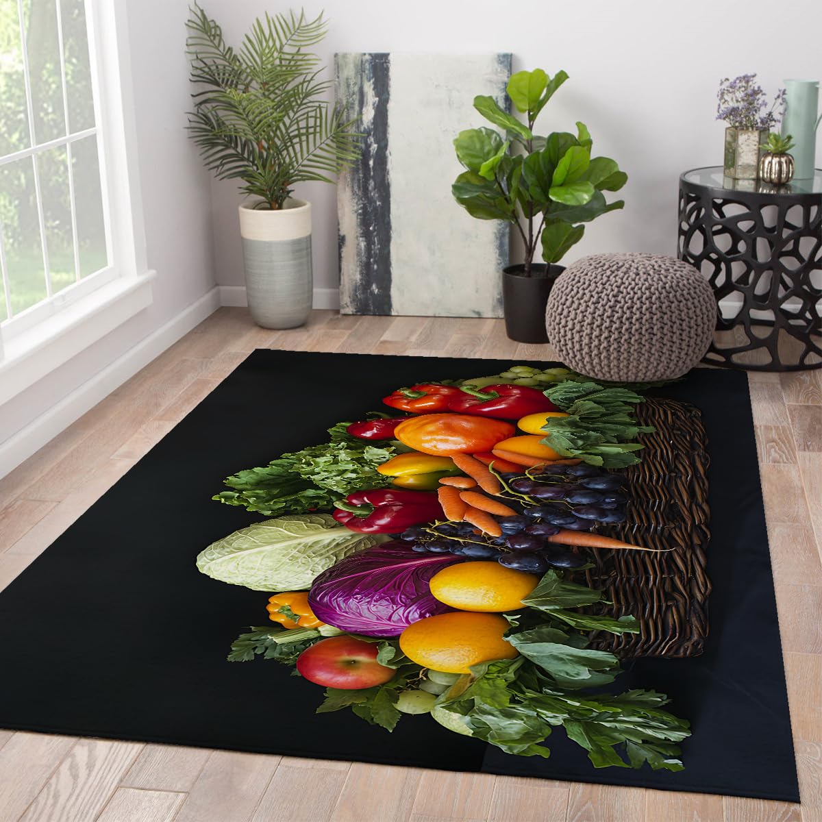 Tapis de Salle à Manger pour l’entrée Tapis Fruits et légumes Moquette Cuisine Antidérapante et à Poil Bas Tapis Doux lavables d’intérieur et décoration intérieure Noir 100x200cm