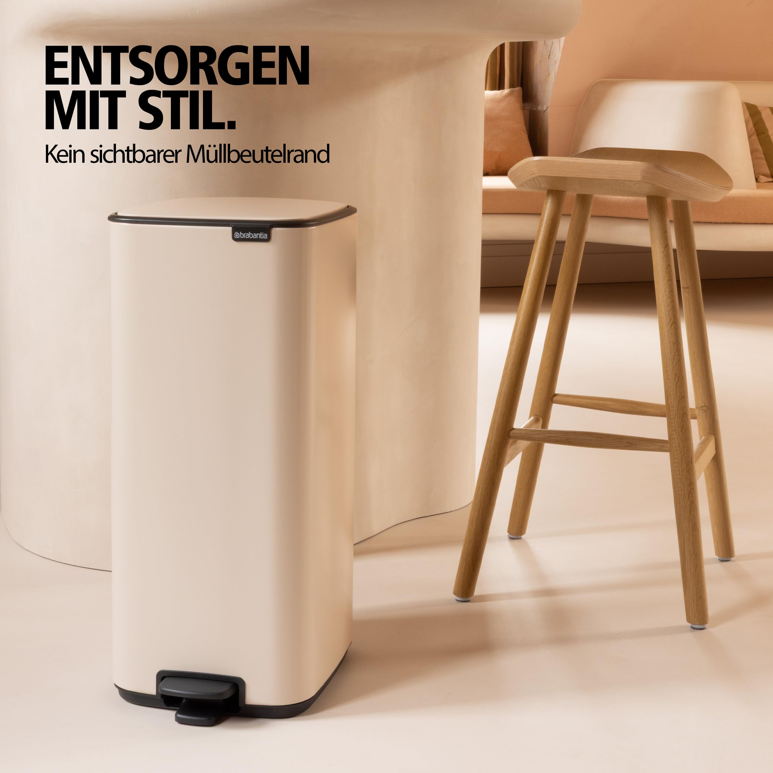Brabantia Bo Touch Bin Küchenmülleimer 30 L (beige), platzsparender Abfalleimer mit Soft-Touch-Öñffnungssystem, leicht zu reinigender Inneneimer, Restmülleimer inklusive PerfectFit-Müllbeuteln