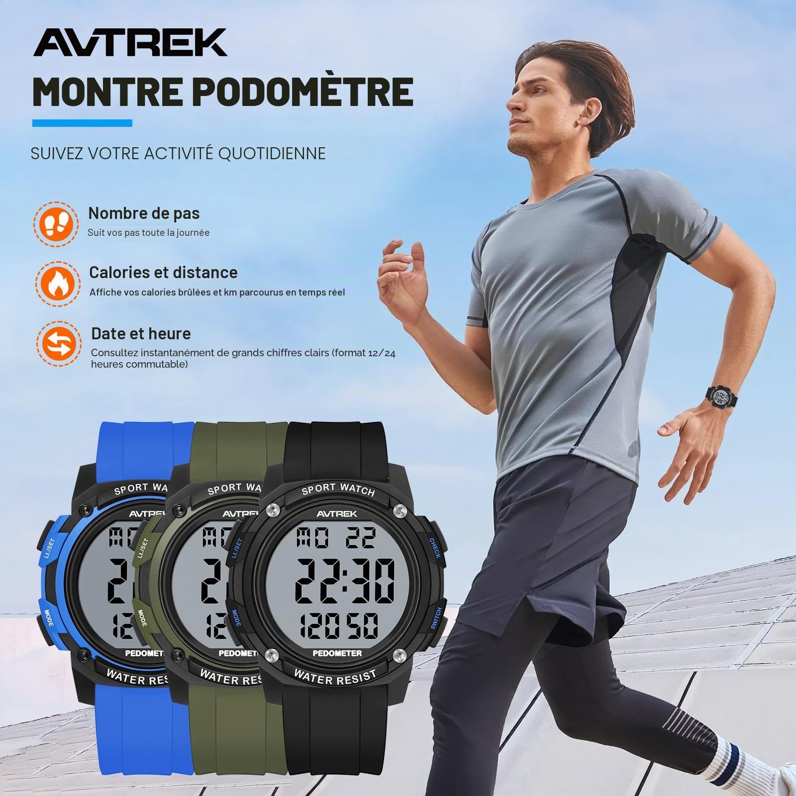 AVTREK Montre podomètre étanche pour la marche, pas d'application/Bluetooth nécessaire, traqueur de fitness avec écran LCD, grands chiffres, kilomètres et calories