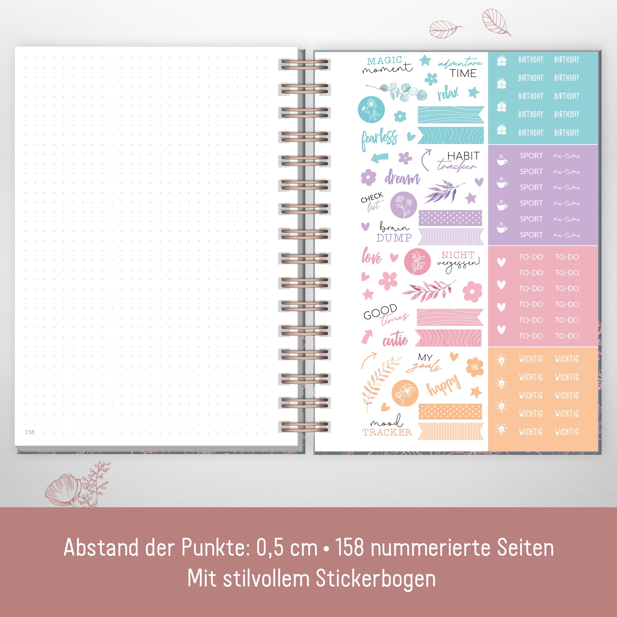 Hfft Dotted Journal Fancy - Hardcover notebook A5, 120 g/m paper, rose gold embossing, 160 pages - ring binder, diary Poppy - Image 4