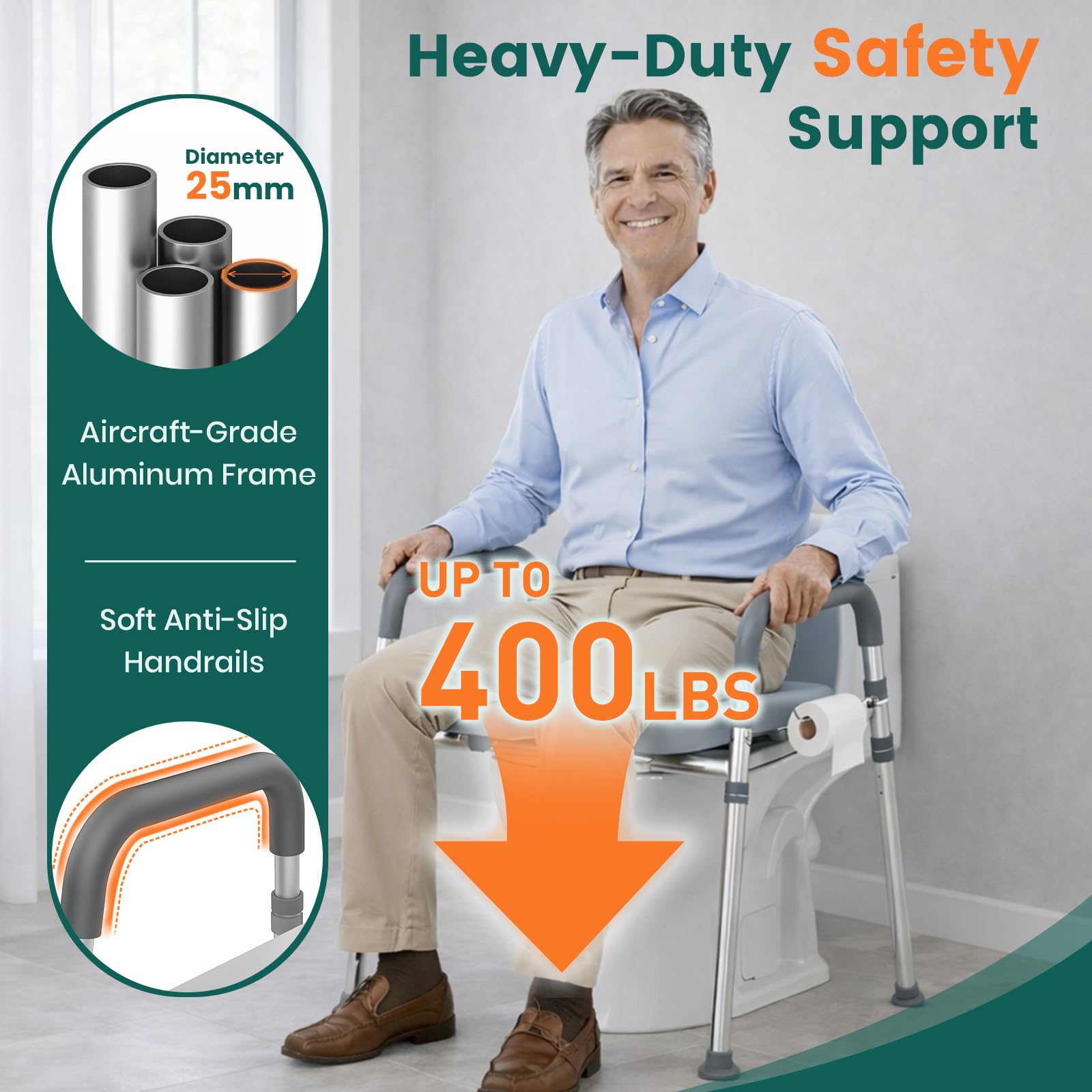 LTR02 Telaio Sicurezza WC con Seduta – fino a 180 kg, Corrimano Regolabili in Altezza e Larghezza, Braccioli Imbottiti, Piedini Antiscivolo, Ausilio Bagno per Anziani e Riabilitazione