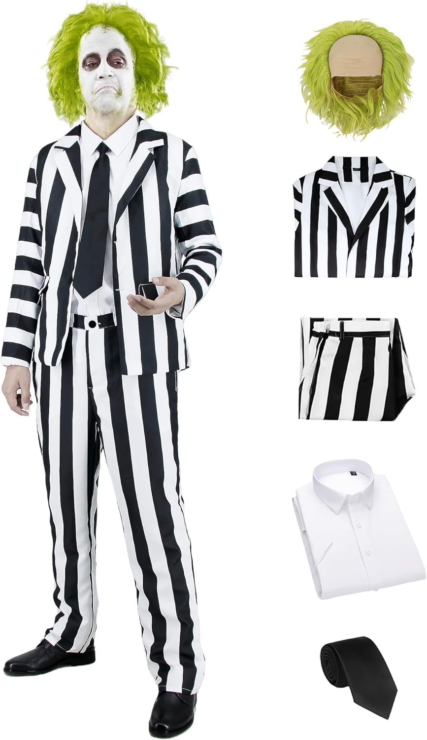 Black and White Costume Suit Men Adult Vertical Strip Jacket Halloween Costumes Scary Movie Character Cosplay Outfit