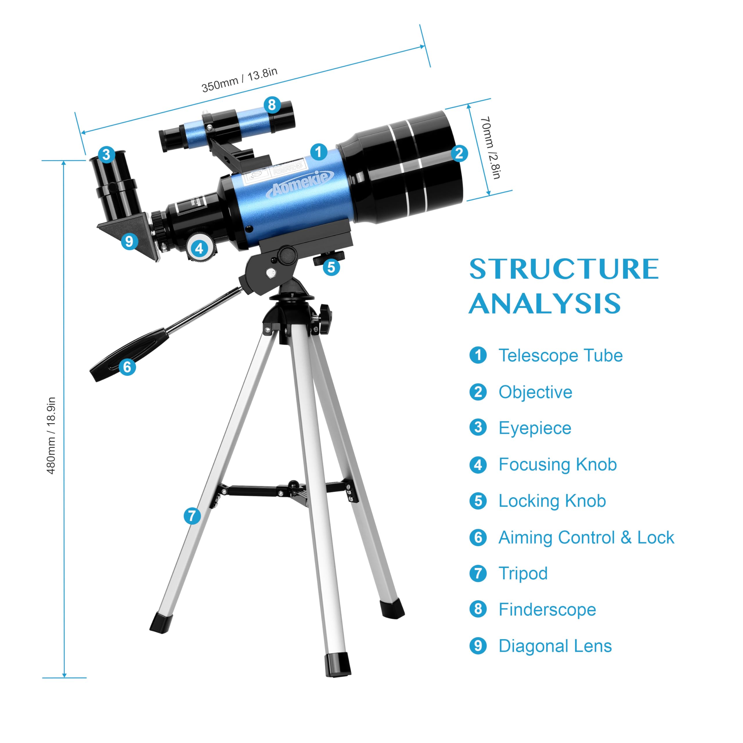 Aomekie 30070 Télescope Enfant 150X Lunette Astronomique avec Adaptateur Smartphone Trépied Lentille Barlow Chercheur
