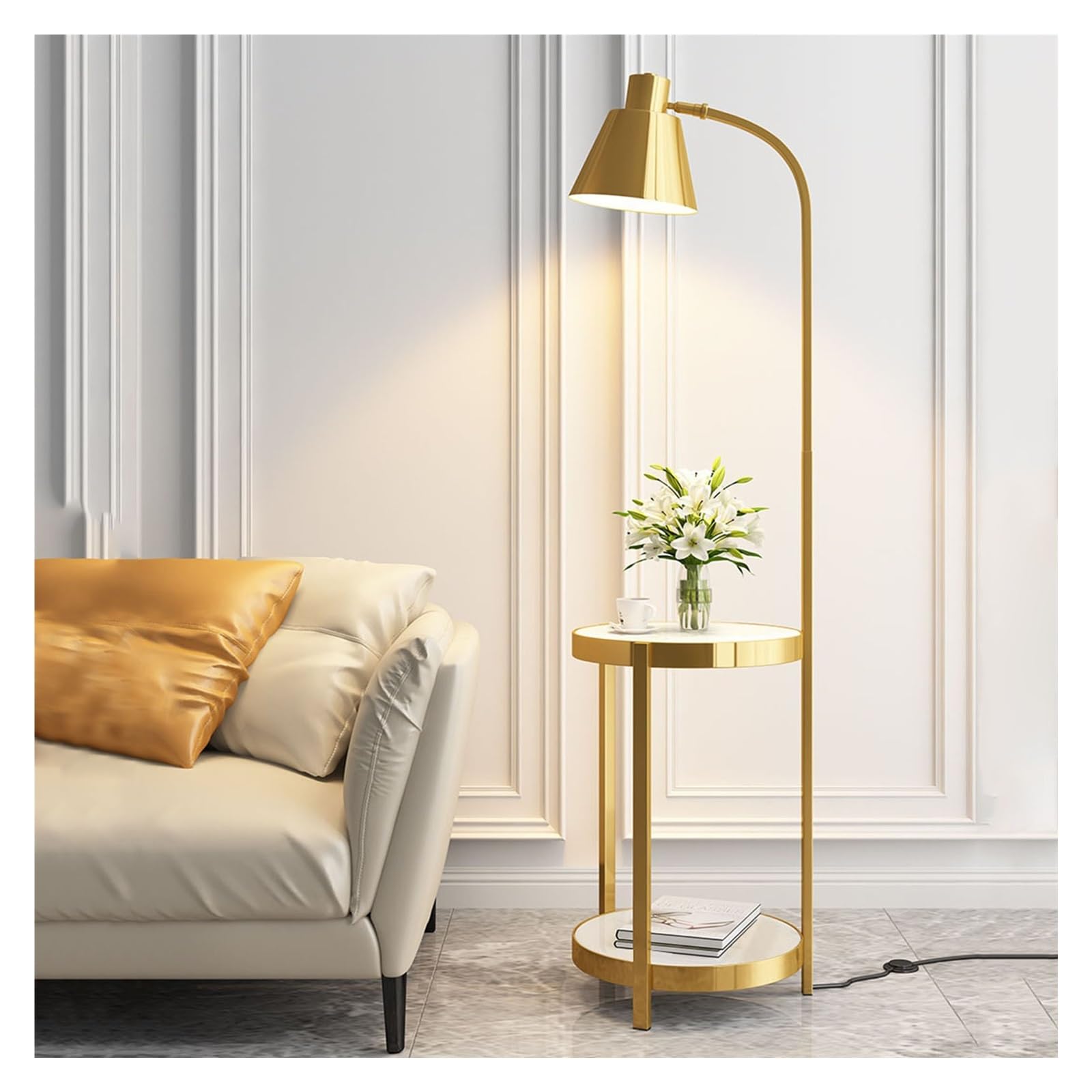 LJHFG63KUYT Standing Lamps Floor Lamp with Shelves, Mid Century Modern Standing Lamps, Rustic Side Table for Bedroom & Living Room Decorate(Gold)