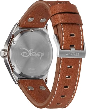 Citizen Eco-Drive Men's Disney Mickey Mouse Aviator Watch, Stainless Steel with Brown Leather Strap, 3-Hand Date, 40mm (Model: BV1088-08W)