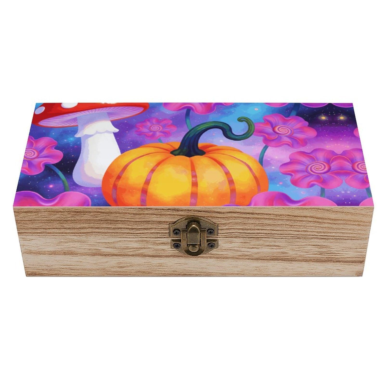 LZQPOEAS Groovy Flowers Mushroom Pumpkin Wooden Storage Box Small Decorative Box with Hinged Lid Handmade Elegant Keepsake Storage Box for Jewelry, Photos, Trinkets, Letter Gifts, Small Heirlooms