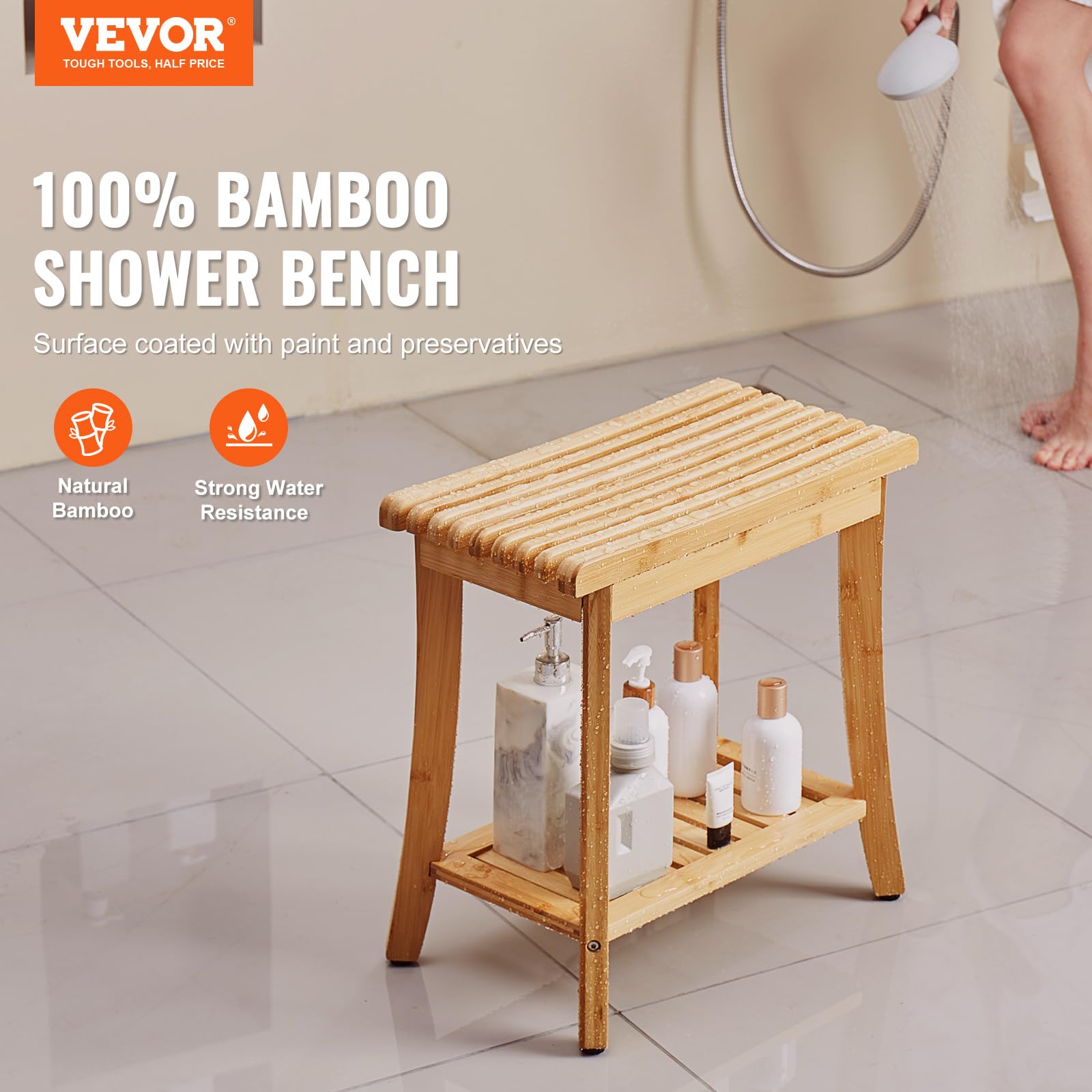VEVOR Banc de Douche en Bambou, 485 x 288 x 465 mm, Tabouret de Douche étanche avec étagère de Rangement, capacité de 149,7 kg, pour Adultes, Personnes âgées, intérieur et extérieur, Salle de Bain