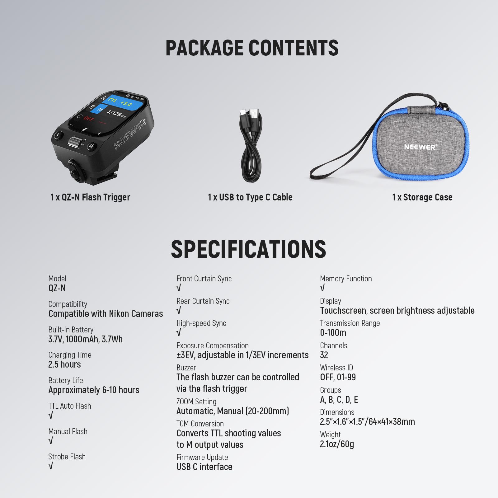 NEEWER QZ-N 2,4G TTL bezprzewodowy wyzwalacz błysku kompatybilny z aparatami fotograficznymi Nikon Z9, Z8, Z6II, Z7II, Z5, Z50, D850, D3500, D7500, D7500, nadajnik błyskowy z ekranem dotykowym, HSS 1