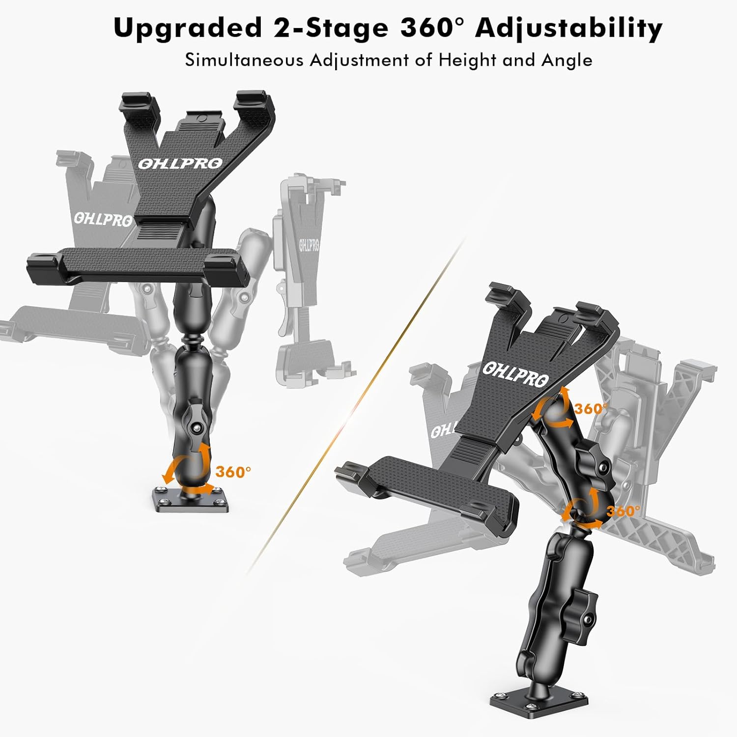 OHLPRO Tablet Holder for Truck, Heavy Duty iPad Mount for Drill Base 360°Adjustable 2-Stage Arm Car Stand for All 7" - 11.5" iPad Pro,Mini,Samsung Tab,Nexus, Great for Desks,Wall, Businesses