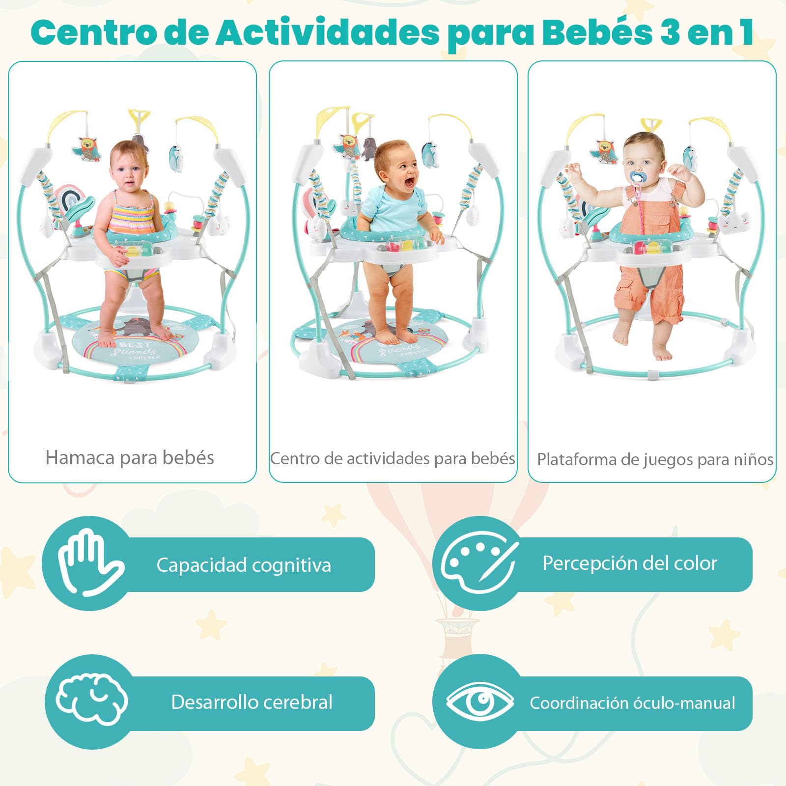 GOPLUS Centro de Actividades para Bebé, Saltador Bebe Zoo con Asiento Giratorio 360°, Altura Ajustable y 9 Juguetes Interactivos, Andador con Luces y Música, para Bebés 6 Meses+ (Azul)