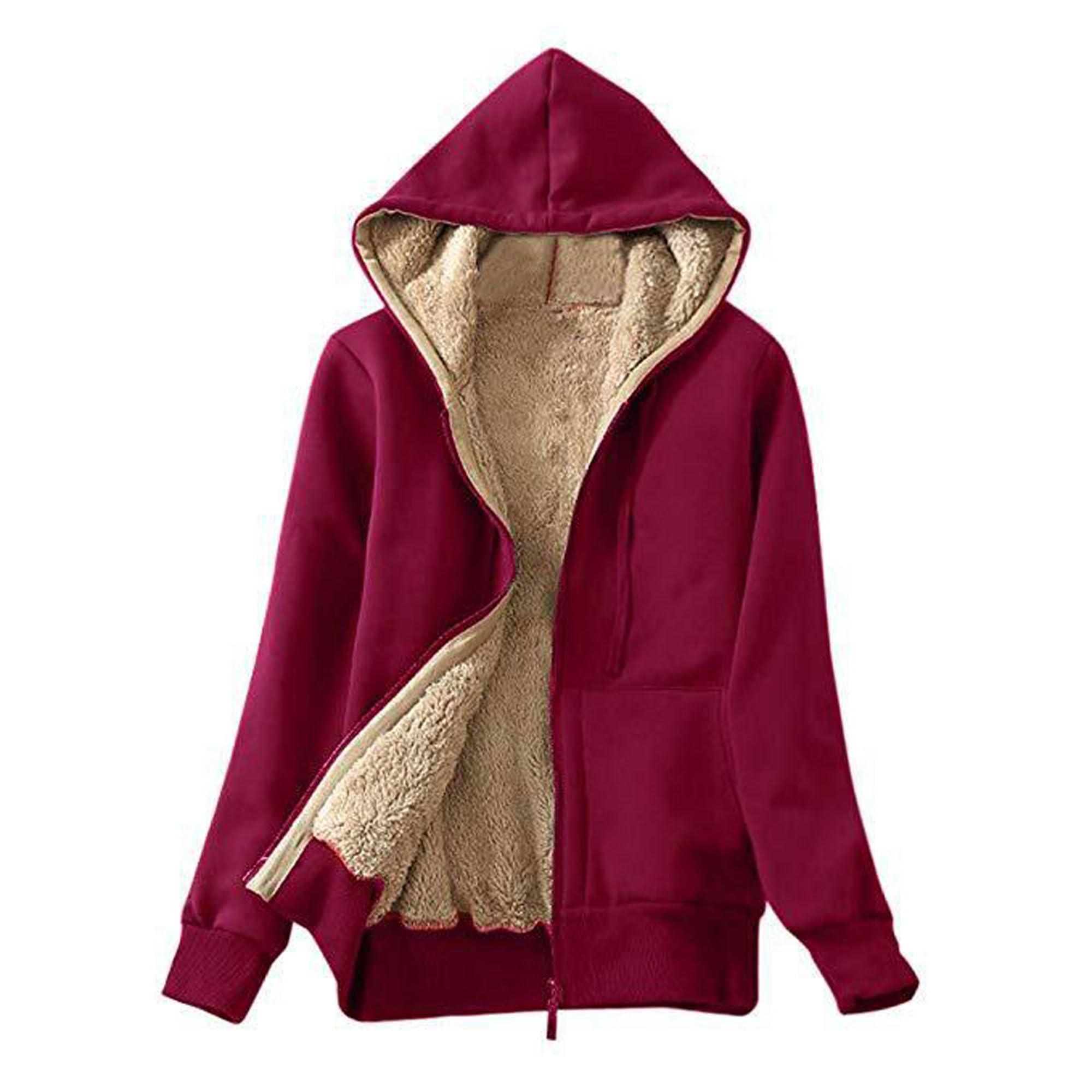 Legou Women's Coat Long Sleeve Long Plush Hooded Jacket M Wine red