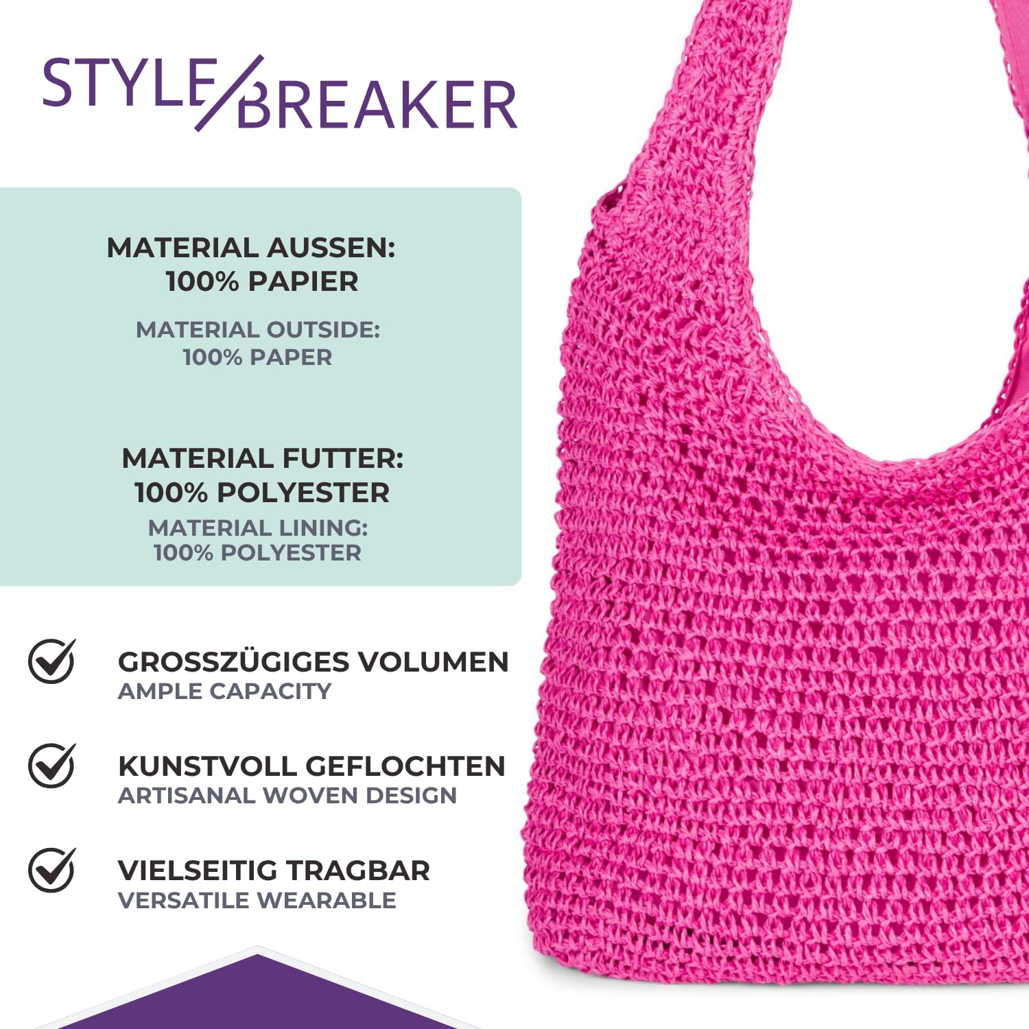 styleBREAKER Bolso saco de mujer en paja trenzada,Lavanda