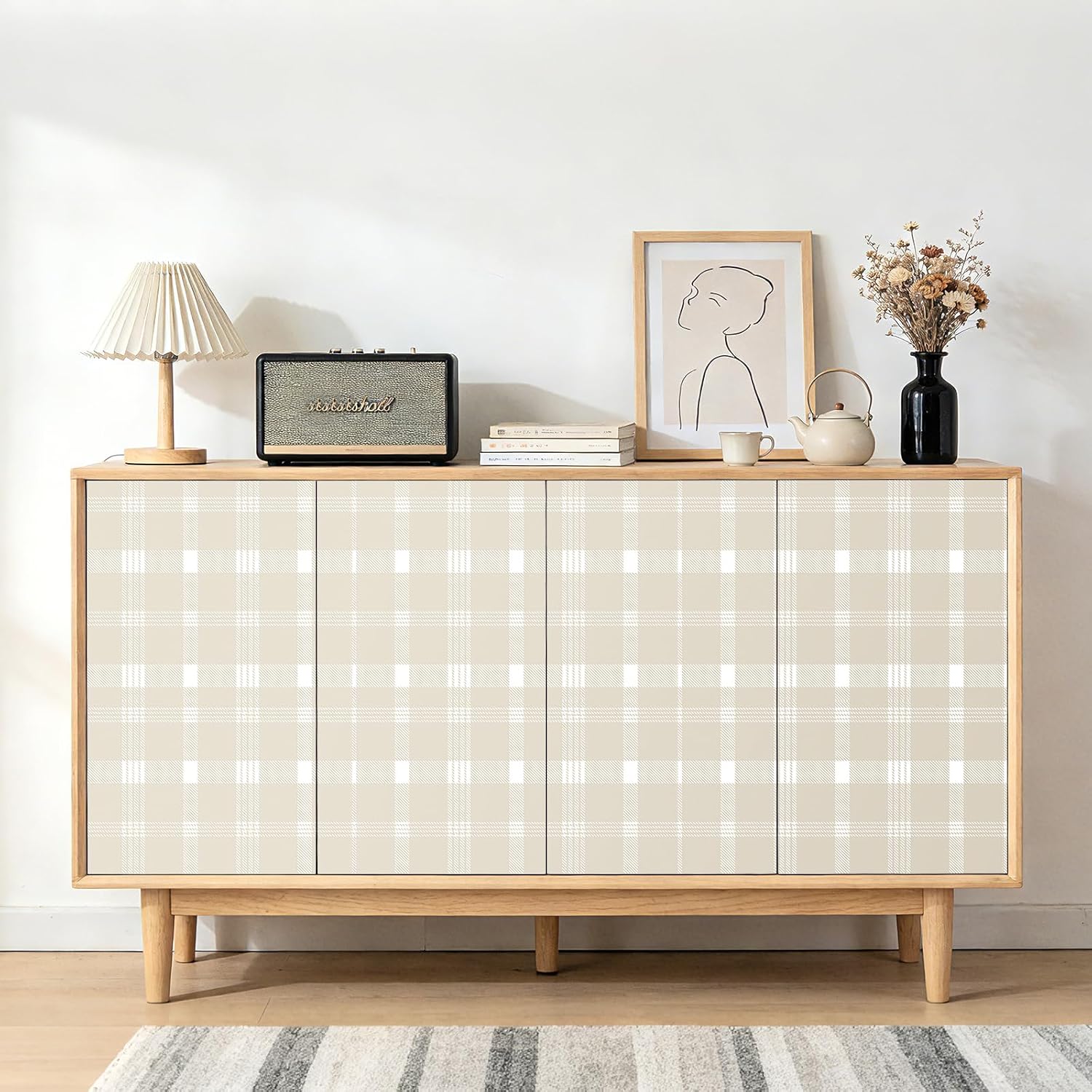 Stickyart 17.5"x276" Vintage Tartan Plaid Wallpaper Peel and Stick Neutral Country Plaid Wallpaper Self Adhesive Beige White Tartan Contact Paper Checkered for Bedroom Living Room Accent Wall