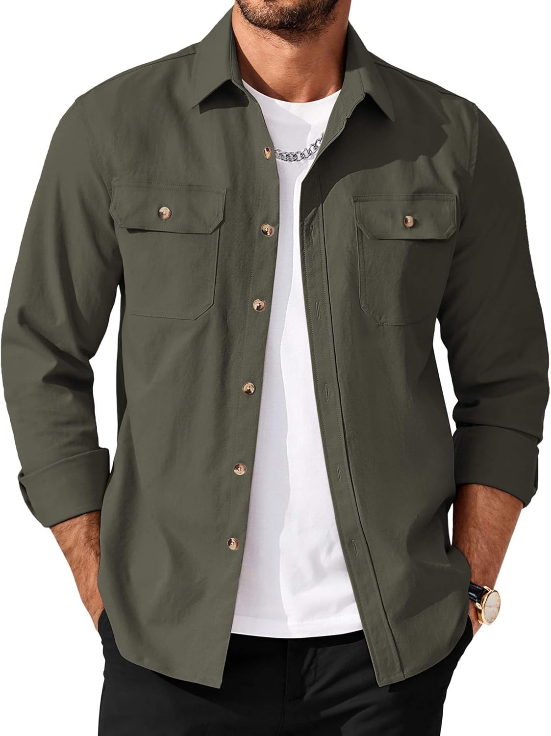 COOFANDY Men's Long Sleeve Button Up Shirt Jacket with Flap Pockets