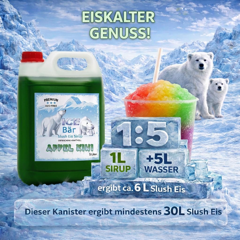 ICE Bär Slush Sirup – 5 L Konzentrat Apfel Kiwi Geschmack/glycerinfrei/für ca. 30 L fertiges Slush-Ice – Original Slushy Getränkesirup ohne AZO-Farbstoffe