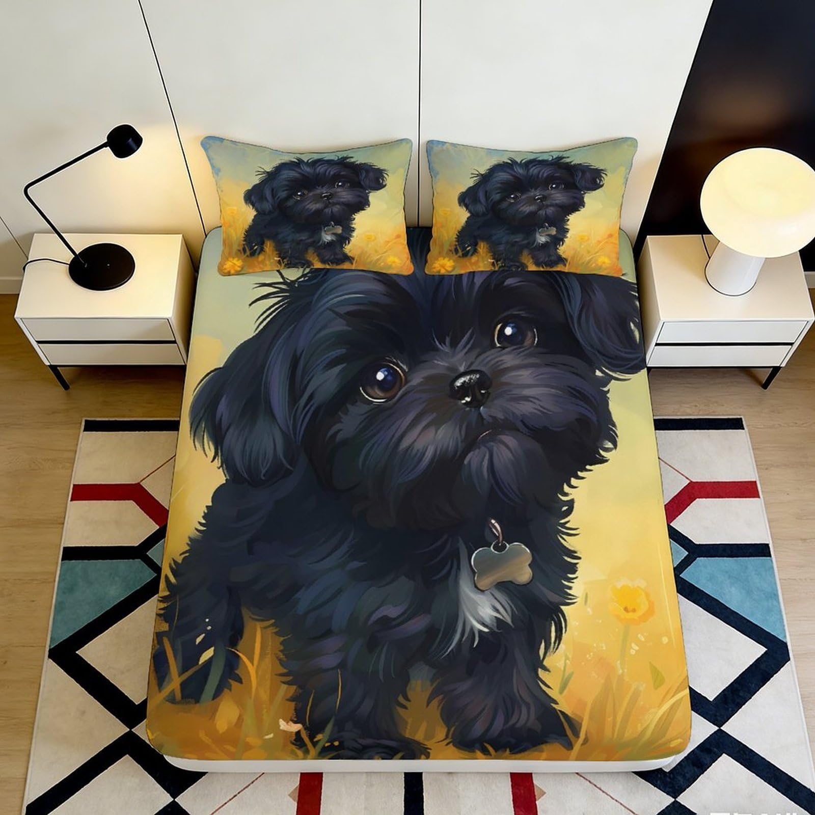 Pnayamiorkfel Style-7 3D Printed Black Puppy Fitted Sheet Microfiber Soft Breathable Meadow Bed Cover For Bedroom Guest Room Decor 90X200x25cm