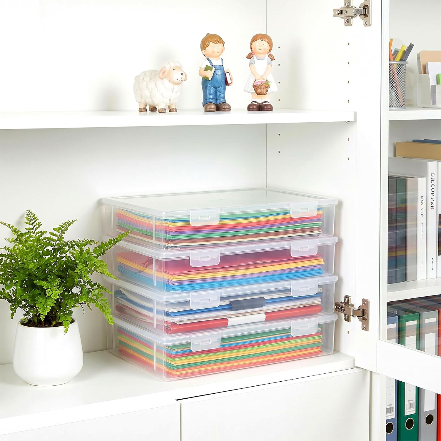 4 Pack A4 Paper Storage Boxes with Lids, Thick PP Plastic Scrapbook Organizer, Stackable 12.7 x 9.5 x 1.8 in File Box for 8.5x11 Documents, Photos, Craft Supplies & Office Essentials