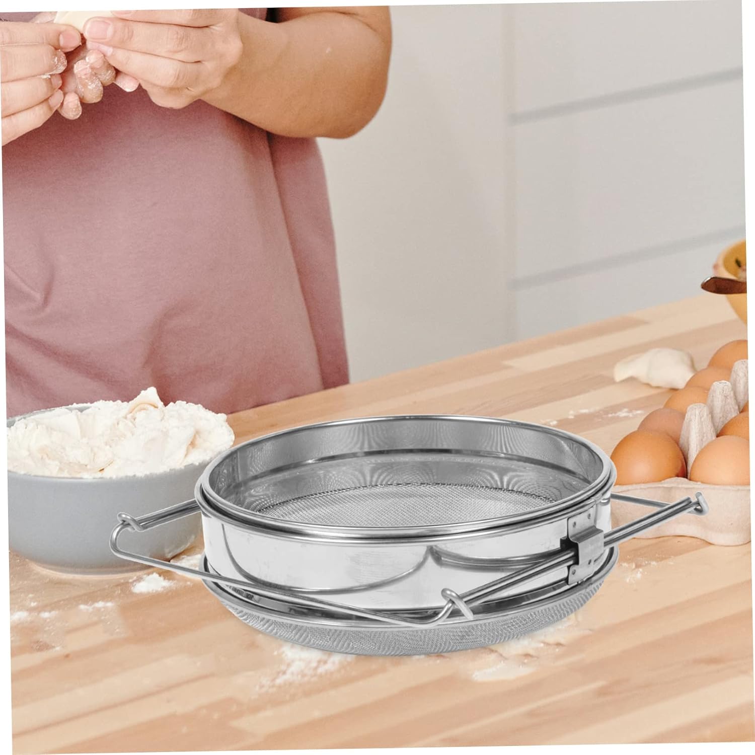 PRETYZOOM Double-Layer Stainless Steel Flour Sifter Portable Mesh Strainer for Baking Handheld Baking Tool for Home Use