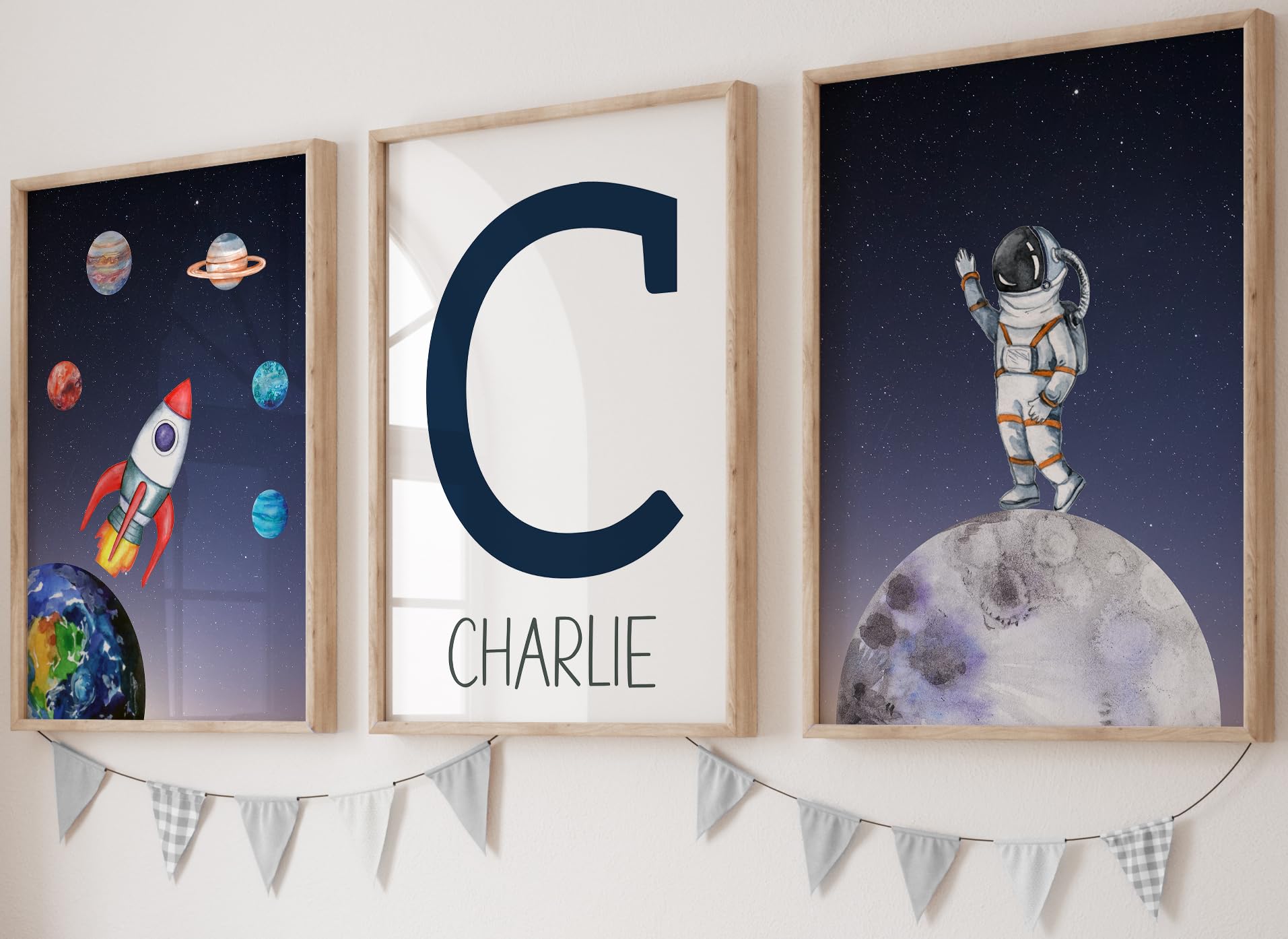 Eviepops Prints Personalised Space Wall Art, Custom Name Astronaut Poster, Set of 3 Unframed Prints with Spaceman, Rocket and Planets, Space Theme Room Decor (A4) — image 1