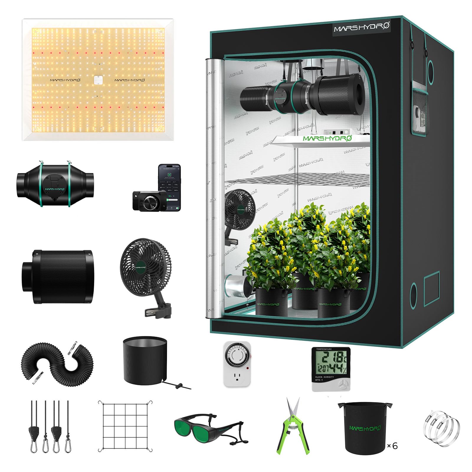MARS HYDRO 4x4 Grow Tent Kit Complete System 300W TSW2000 4x4 Full Coverage Dimmable Light 48x48x80 1680D High