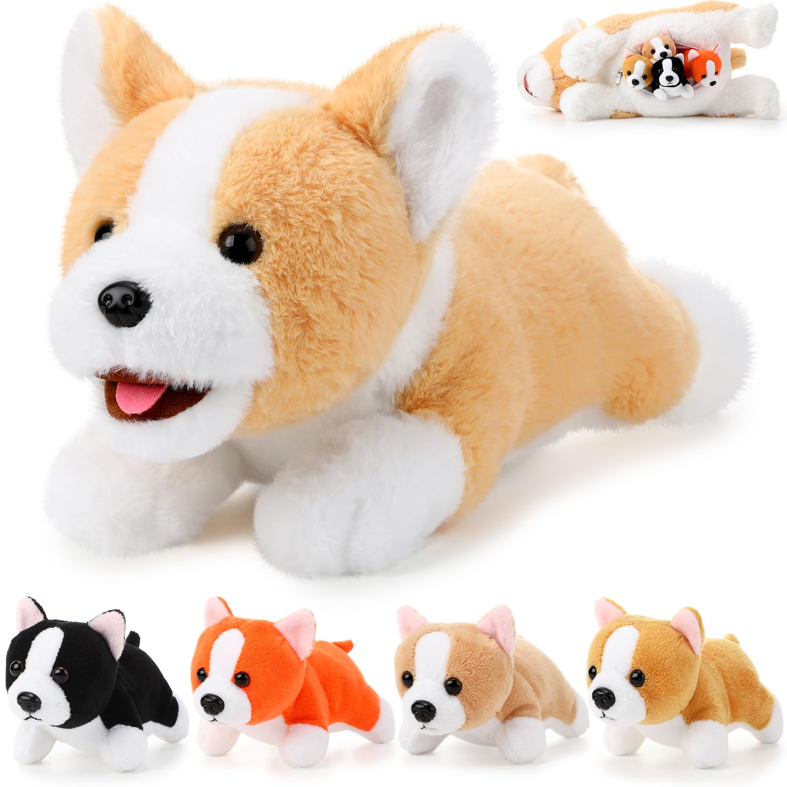 Skylety 5 Pcs Dog Stuffed Animal with 4 Babies Inside, Lying Corgi — image 1