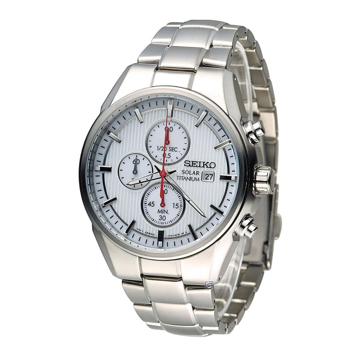 Seiko Solar Chronograph White Dial Titanium Mens Watch SSC363