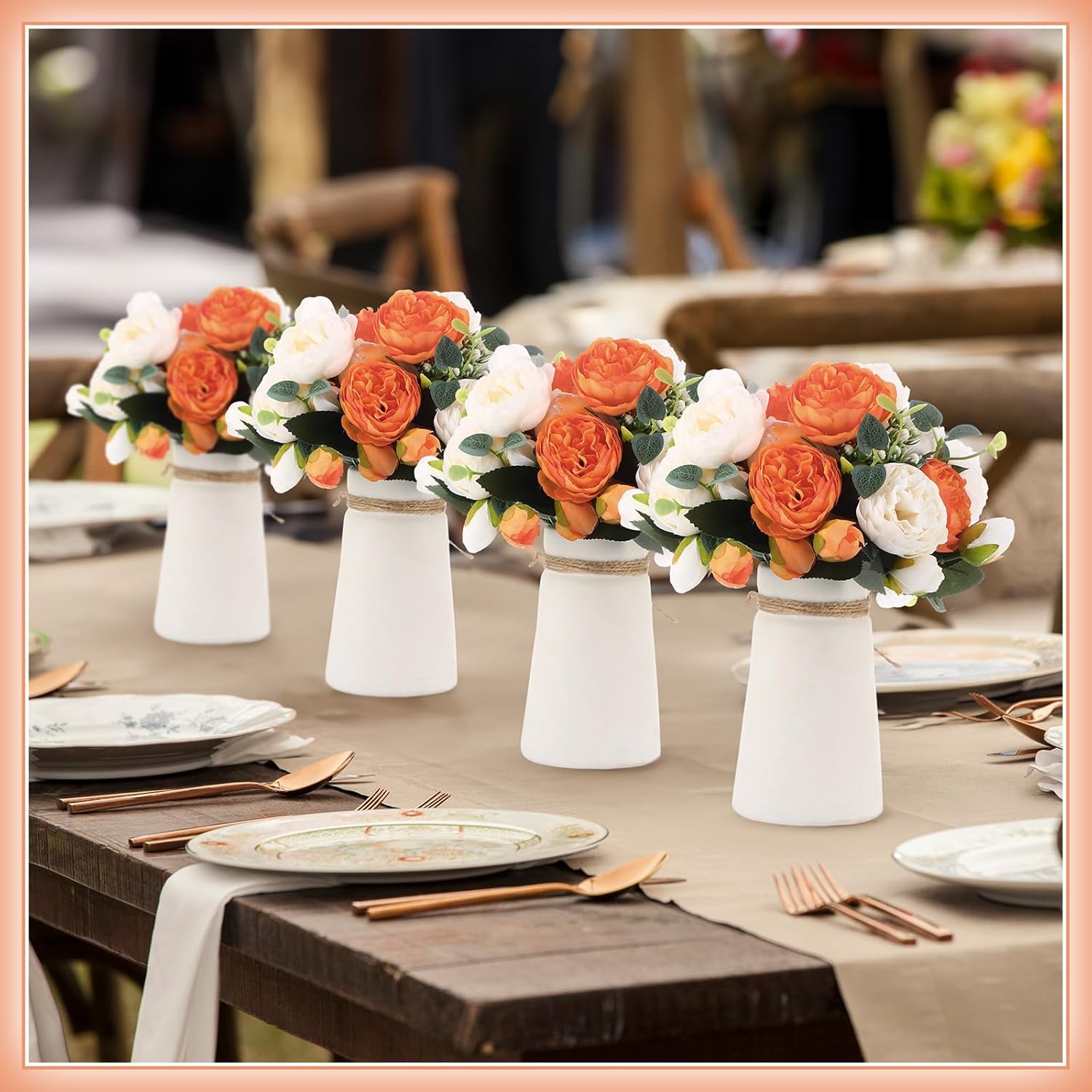 Hoteam 24 Bundles Artificial Peonies Flowers Wedding Faux Flowers Silk Peony Bouquet Bulk Bride Fake Florals Arrangements for Table Centerpieces Wedding ​Party Vase Decor (Orange, White)