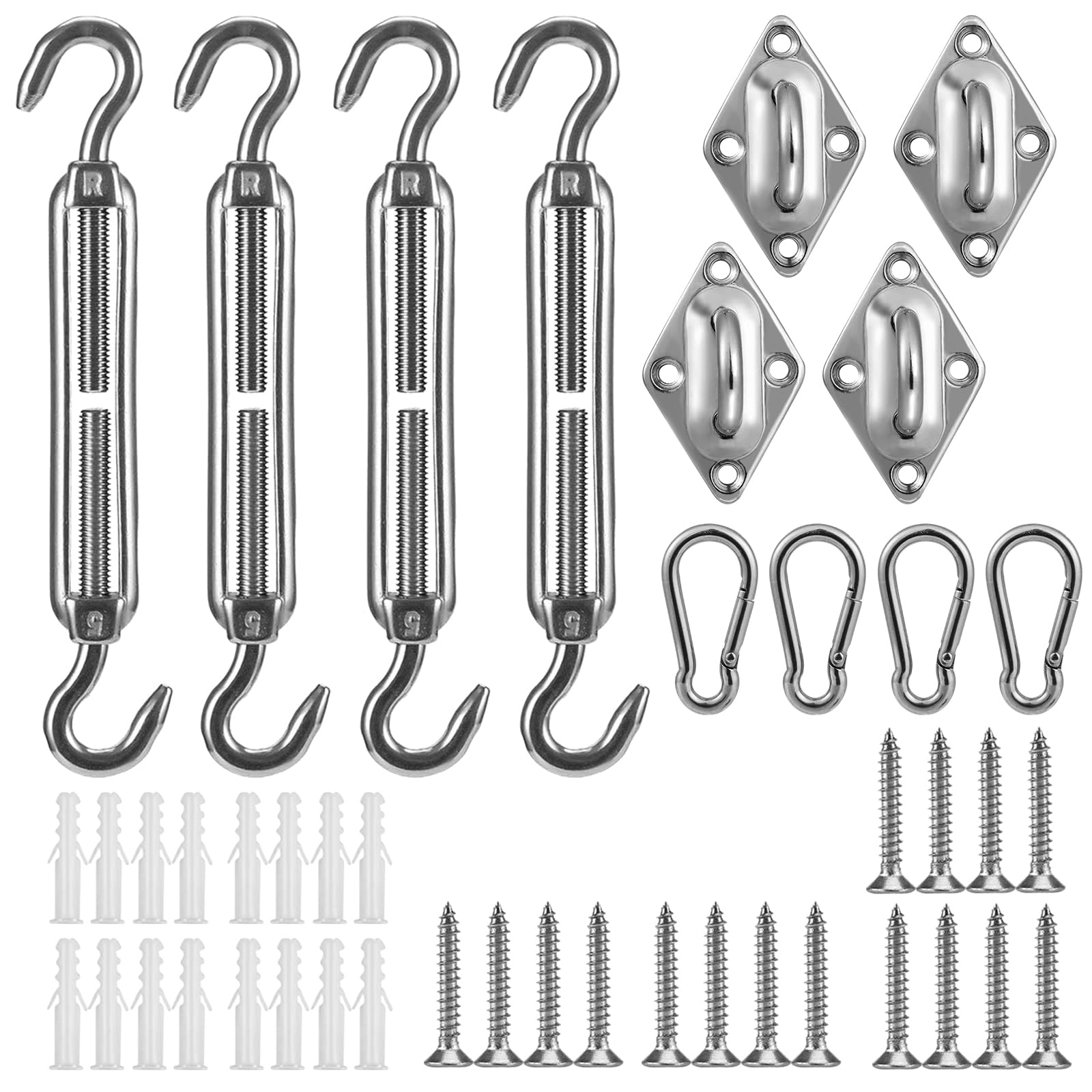 44Pcs Sun Shade Hardware Kit- Retractable 6'' to 8'' 304 Heavy Duty Stainless Steel Installation Replacement for Installing Rectangle Square Triangle Shade Sail in Outdoor Patio Lawn Garden