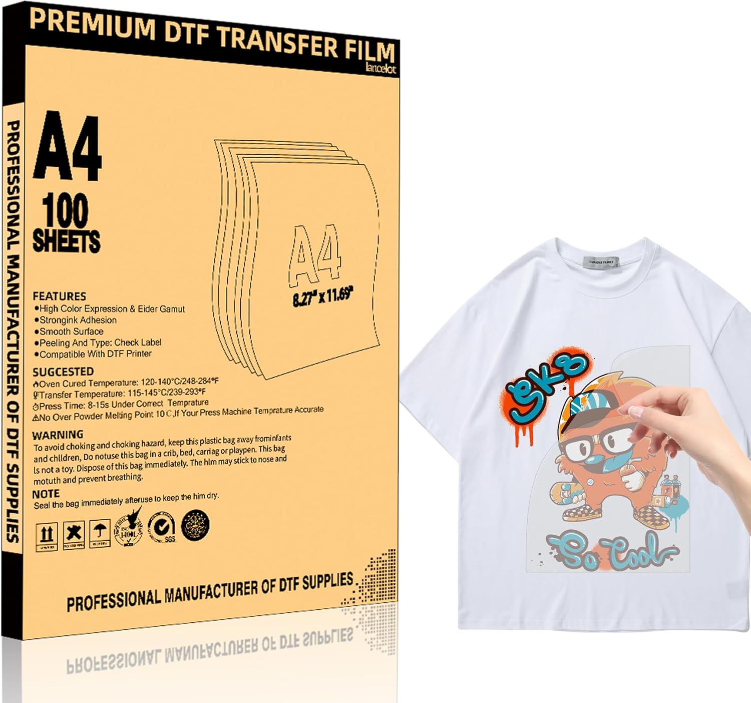 Lancelot Premium DTF Transfer Film 8.27"x11.69" A4 100 Sheets Double-Sided Matte Sheets PET Heat Transfer Film for DIY Direct Print on Dark and Light Clothing T Shirt