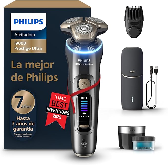 Philips i9000 Prestige Ultra, Afeitadora Eléctrica Hombre, Máquina de Afeitar Barba en Seco y Húmedo, Tecnología SkinIQ Pro, Recargable, Centro de limpieza, Recortador, Estuche de Carga UV, XP9402/46