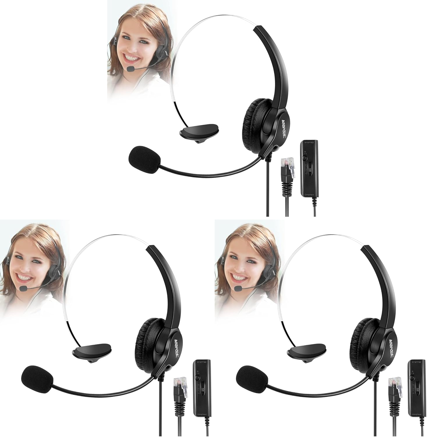 AGPTEK® Hands-Free Call Center Noise Cancelling Corded Monaural Headset Headphone for Desk Telephone with 4-Pin RJ9 Crystal Head (Pack of 3)