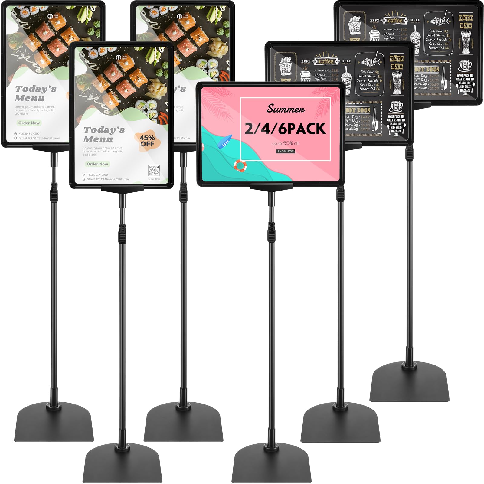 Jutom 6 Pack Adjustable Pedestal Stand Holder 8.5 x 11 Inch Heavy Duty Aluminum Sign Holder Vertical and Horizontal Sign Poster Stands Floor Standing Display for Advertisement Menu Display(Black)